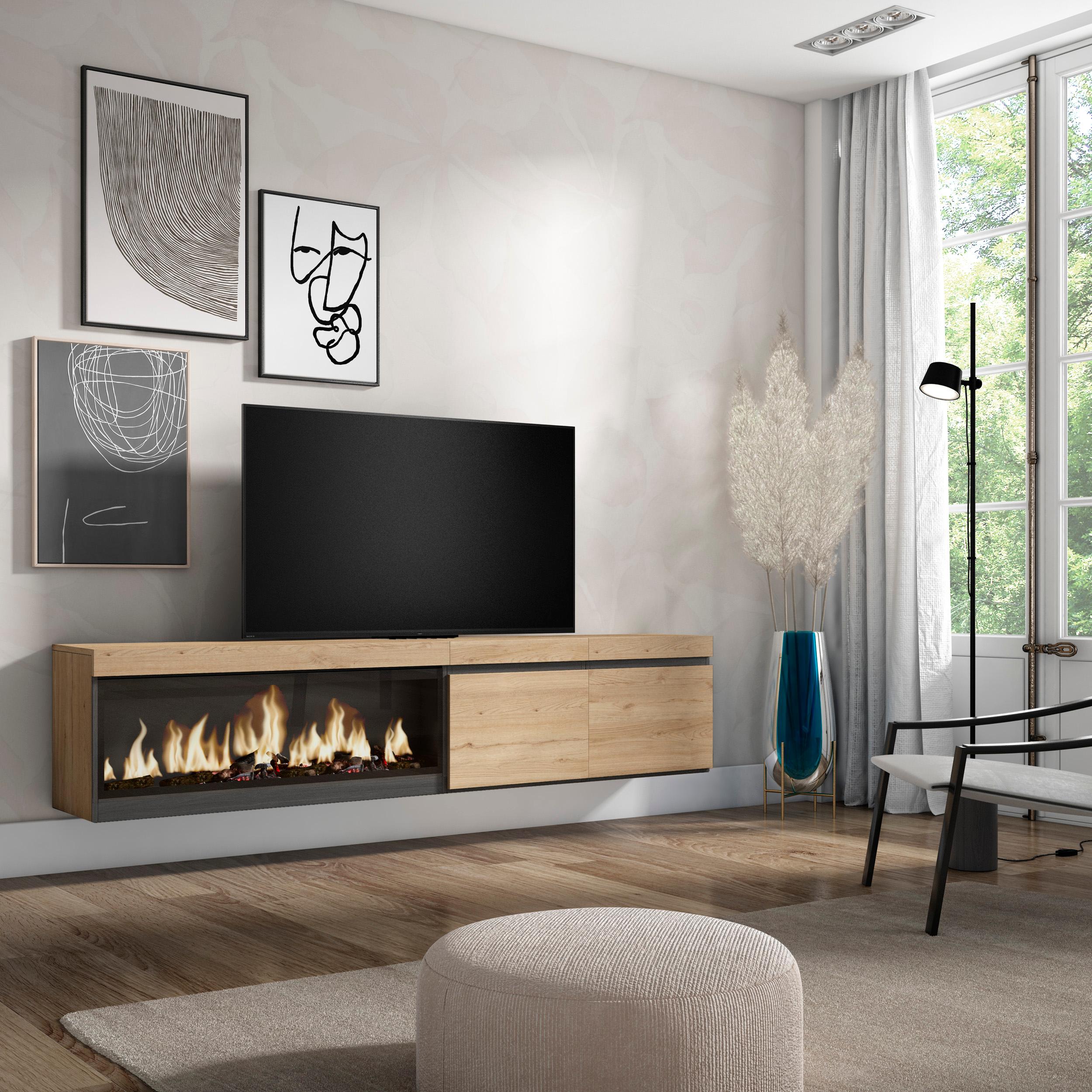 foto del prodotto mobile tv soggiorno, 208x35x45cm, per tv fino a 80, camino elettrico xxl, da appendere, colore rovere rf3279