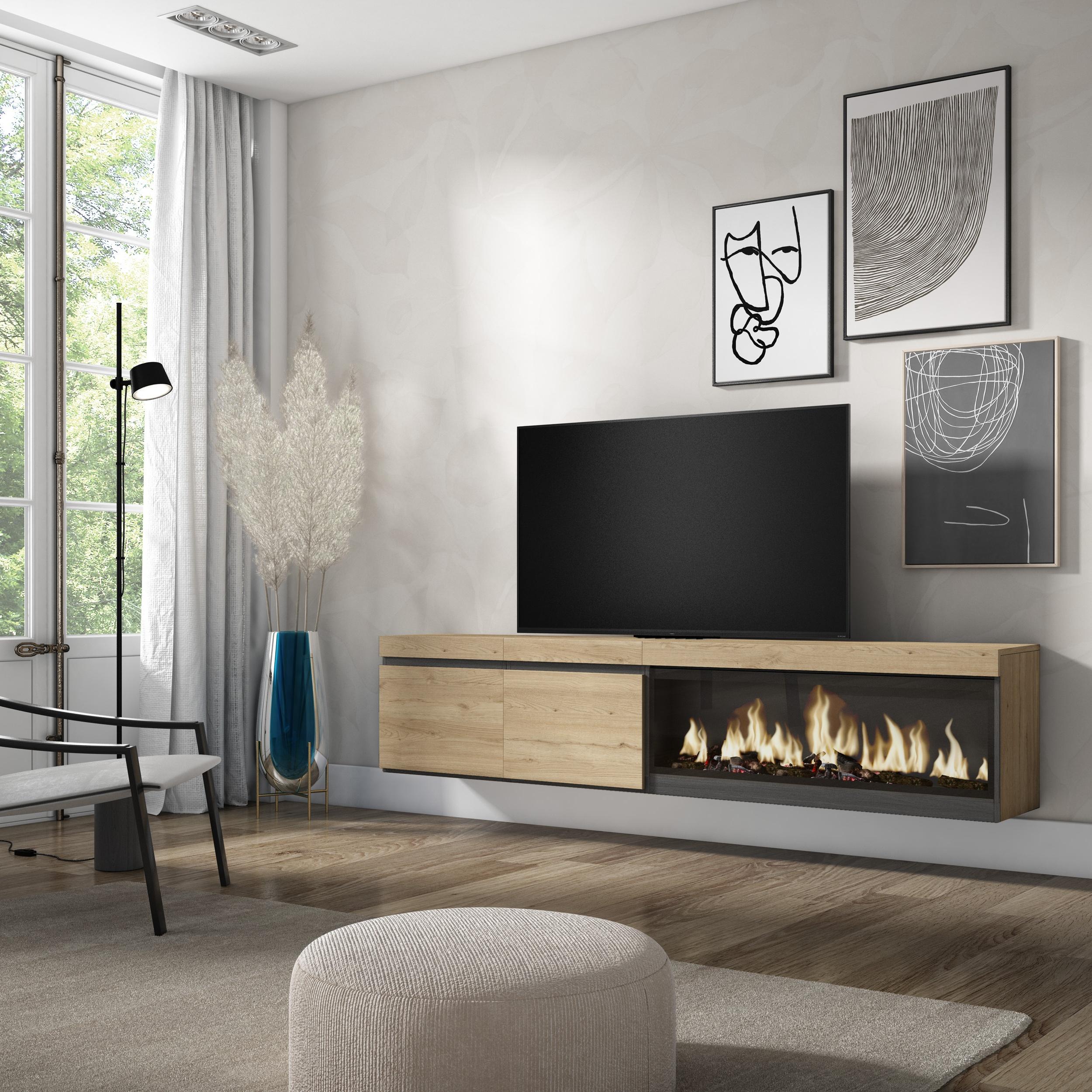 foto del prodotto mobile tv soggiorno, 208x35x45cm, per tv fino a 80, camino elettrico xxl, da appendere, colore rovere rf3281
