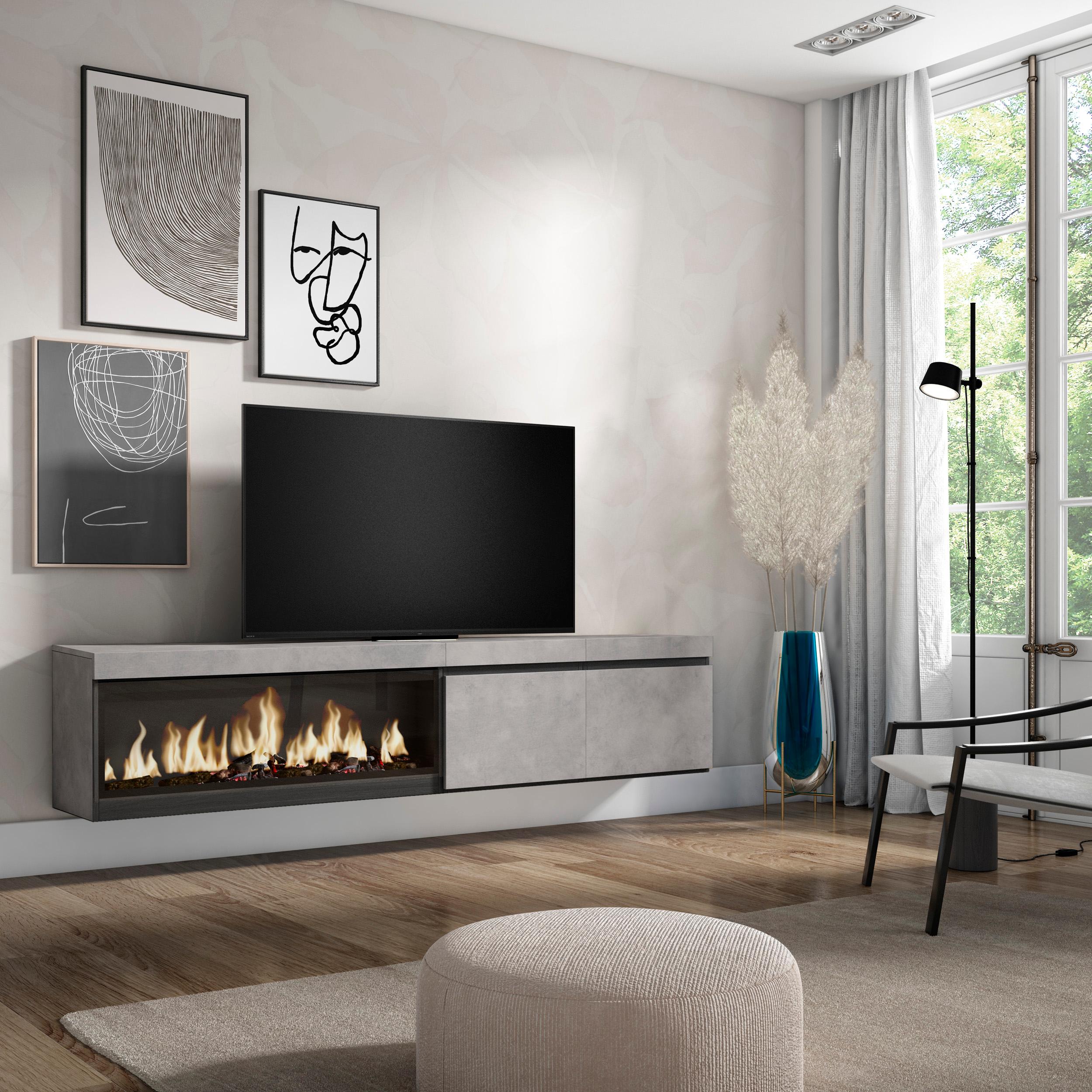 foto del prodotto mobile tv, soggiorno, 208x35x45cm, per tv fino a 80, camino elettrico xxl, da appendere, grigio cemento rf3206