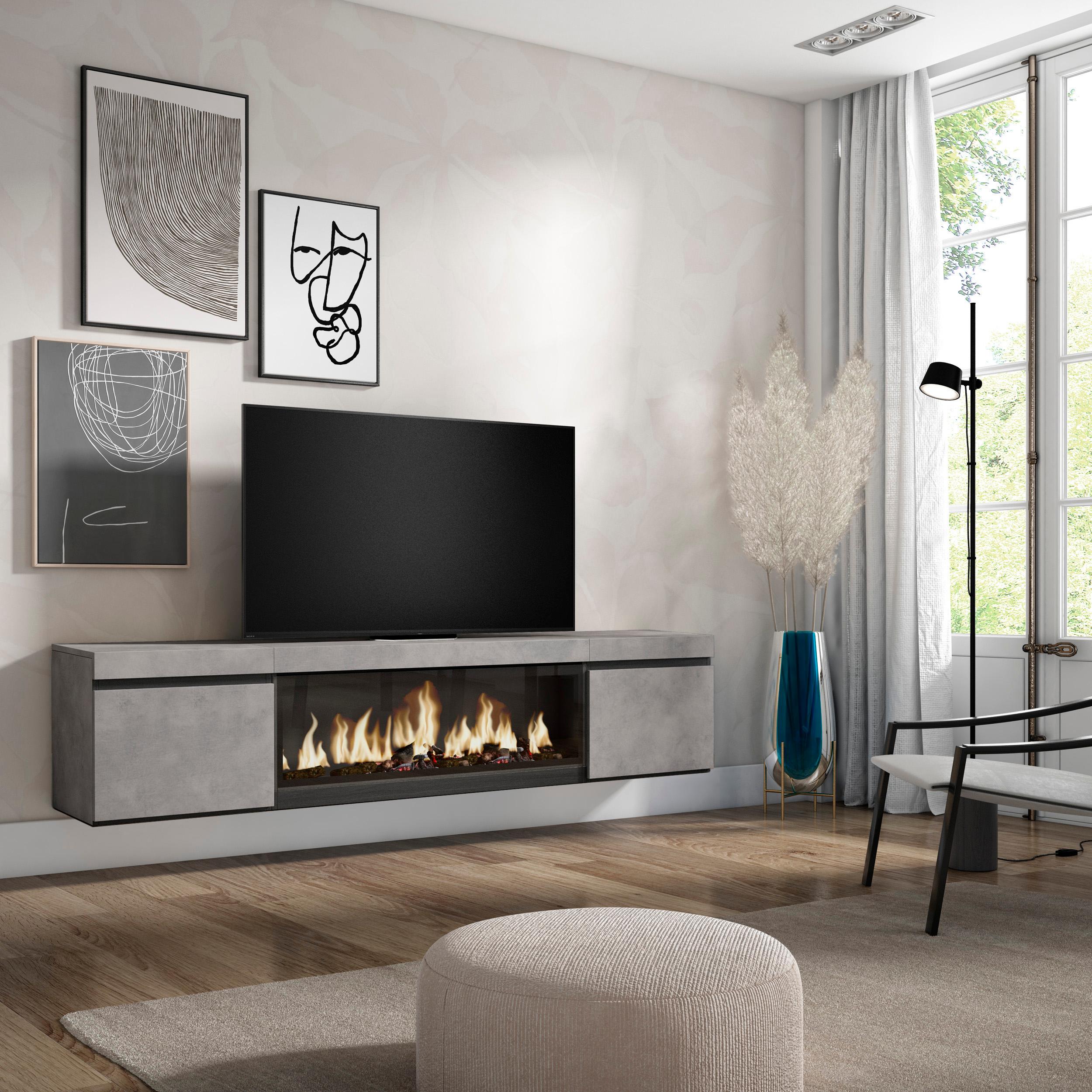 foto del prodotto mobile tv, soggiorno, 208x35x45cm, per tv fino a 80, camino elettrico xxl, da appendere, grigio cemento rf3207
