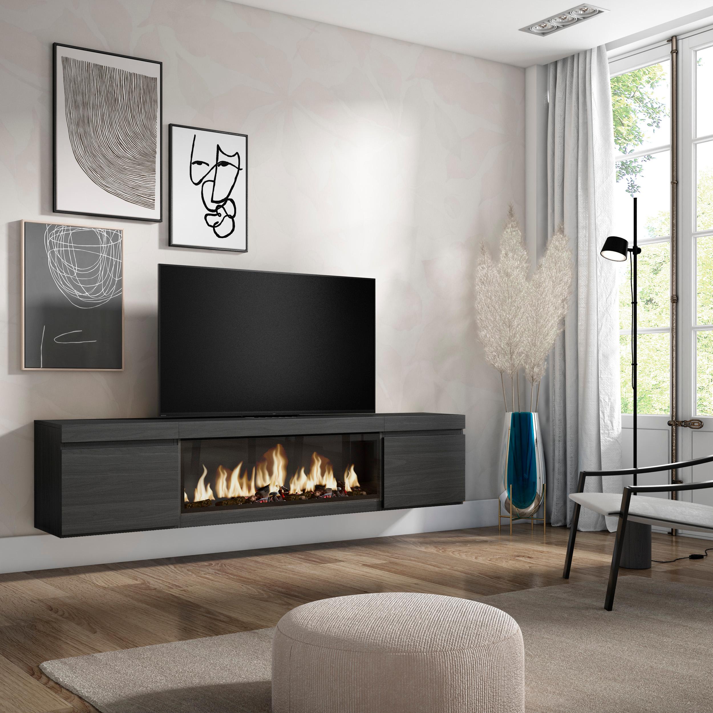 foto del prodotto mobile tv soggiorno, 208x35x45cm, per tv fino a 80"", camino elettrico xxl, da appendere, nero rf3262