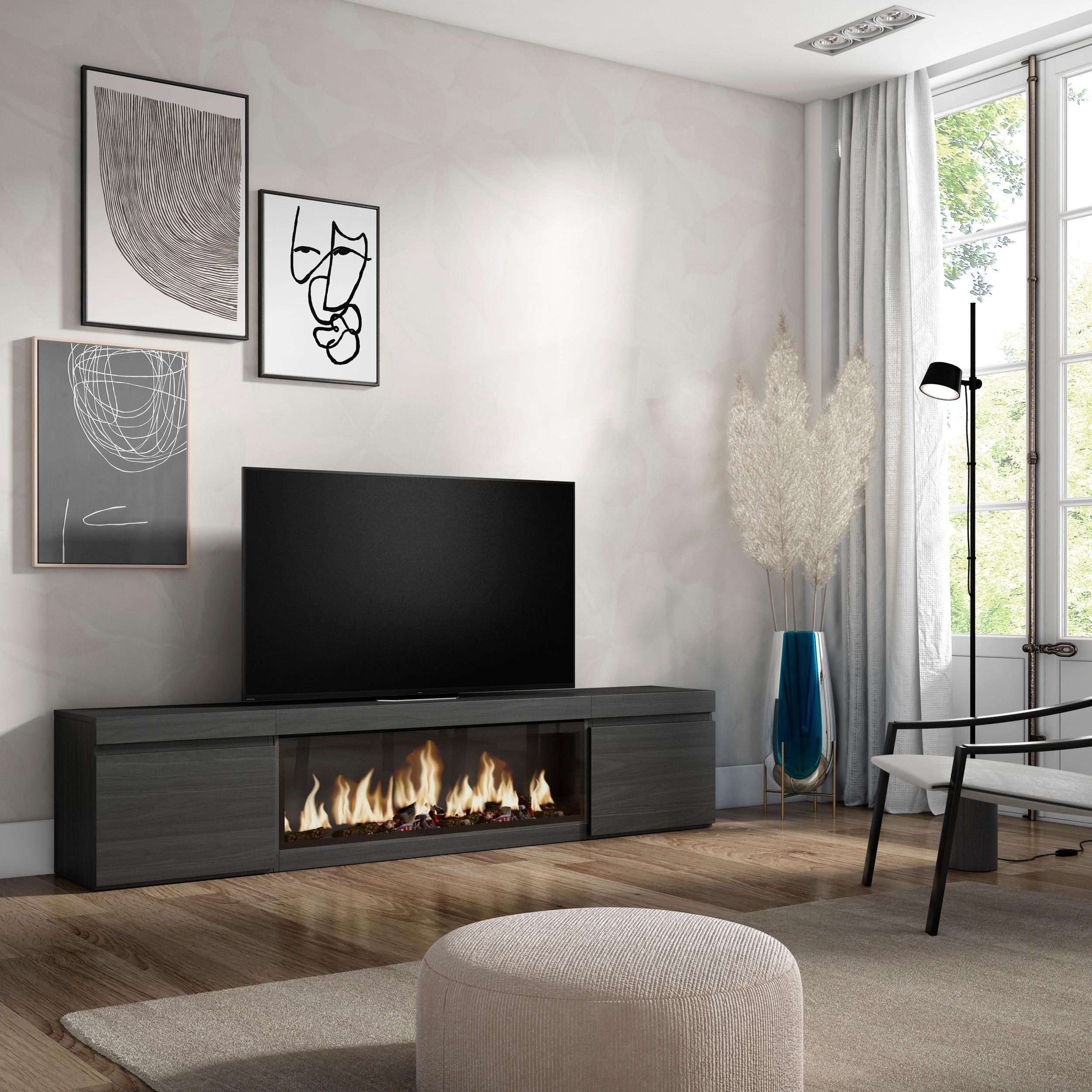 foto del prodotto mobile tv soggiorno, 208x35x45cm, per tv fino a 80, camino elettrico xxl, nero rf3256