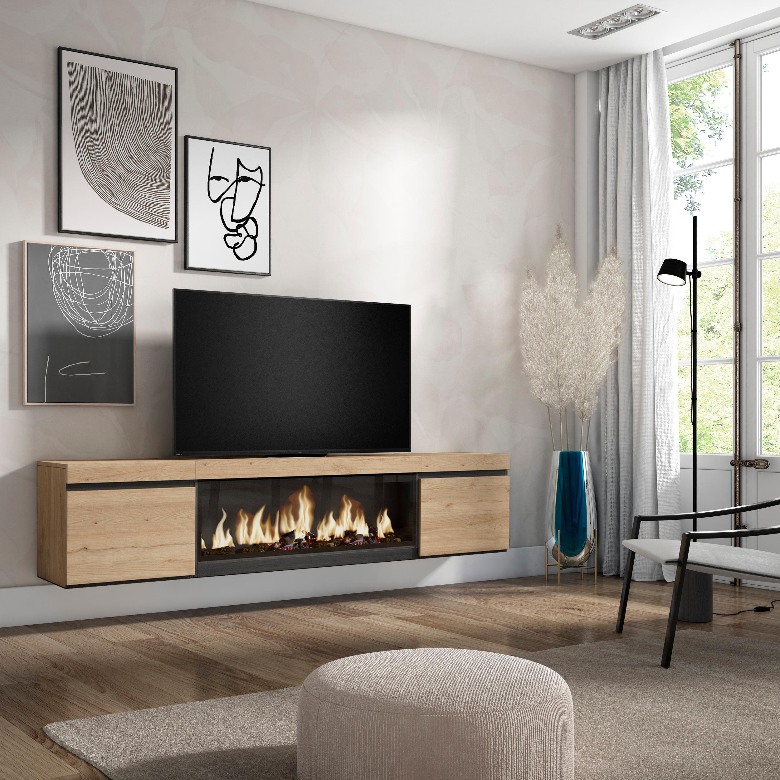 foto del prodotto mobile tv soggiorno, 208x35x45cm, per tv fino a 80 quot , camino elettrico xxl, da appendere, colore rovere rf3280