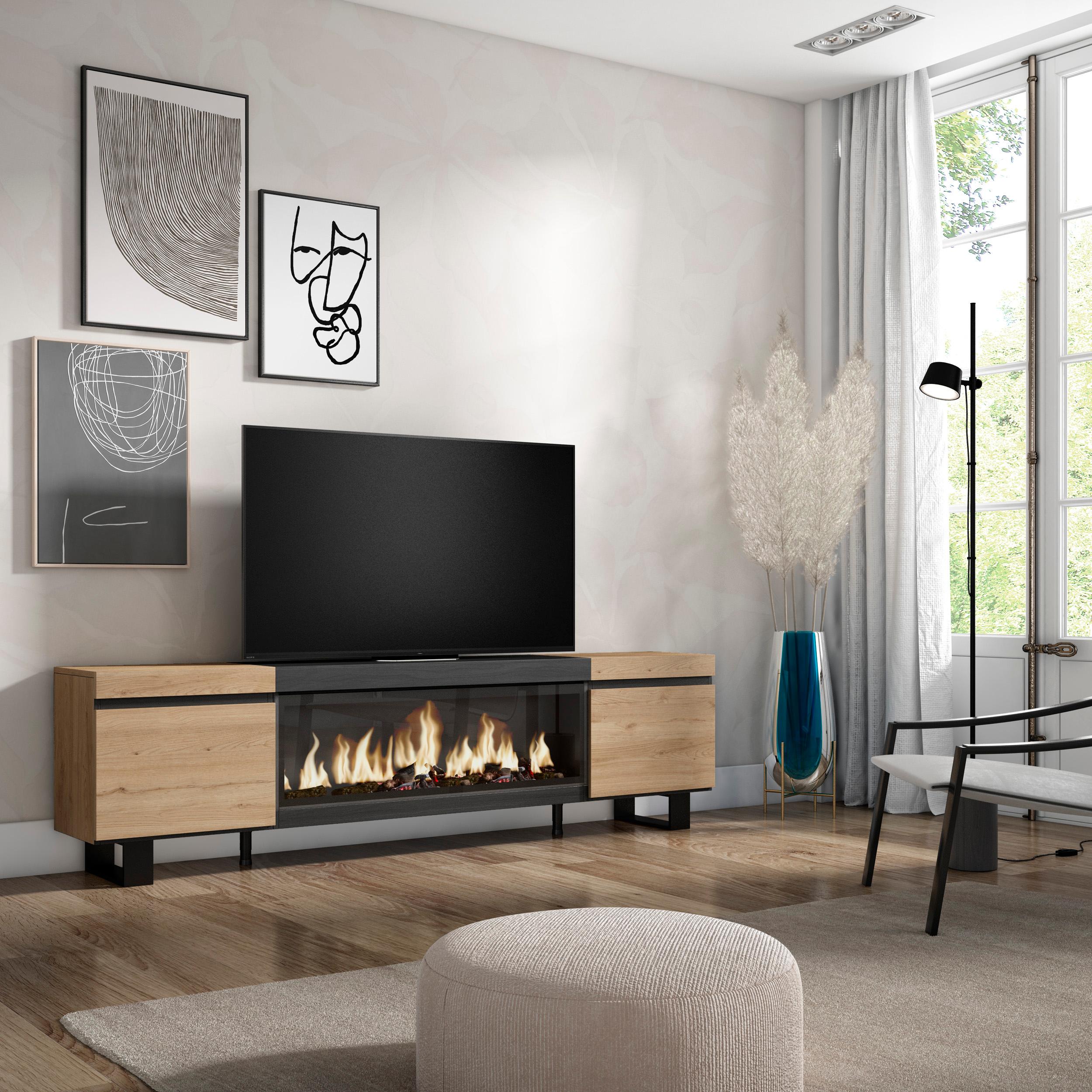 foto del prodotto mobile tv soggiorno, 208x35x57cm, per tv fino a 80, camino elettrico xxl, design industriale, colore rovere e nero rf3268