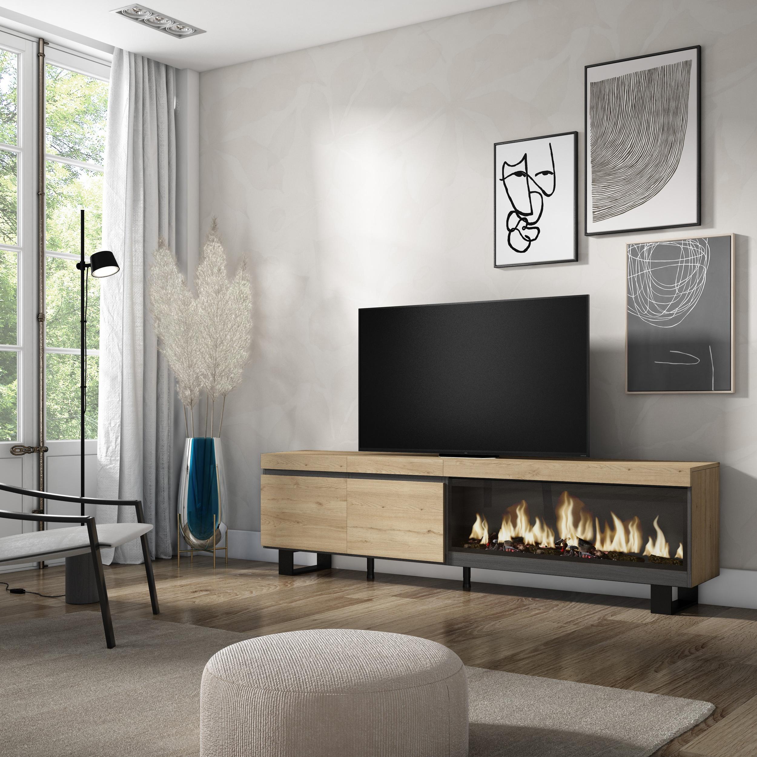 foto del prodotto mobile tv soggiorno, 208x35x57cm, per tv fino a 80, camino elettrico xxl, design industriale, colore rovere rf3278