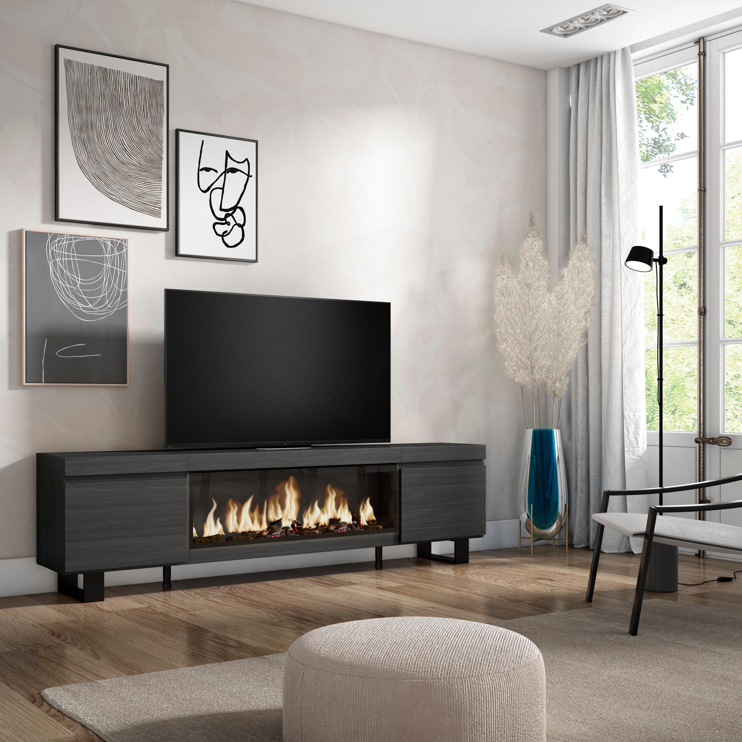 foto del prodotto mobile tv soggiorno, 208x35x57cm, per tv fino a 80, camino elettrico xxl, design industriale, nero rf3259