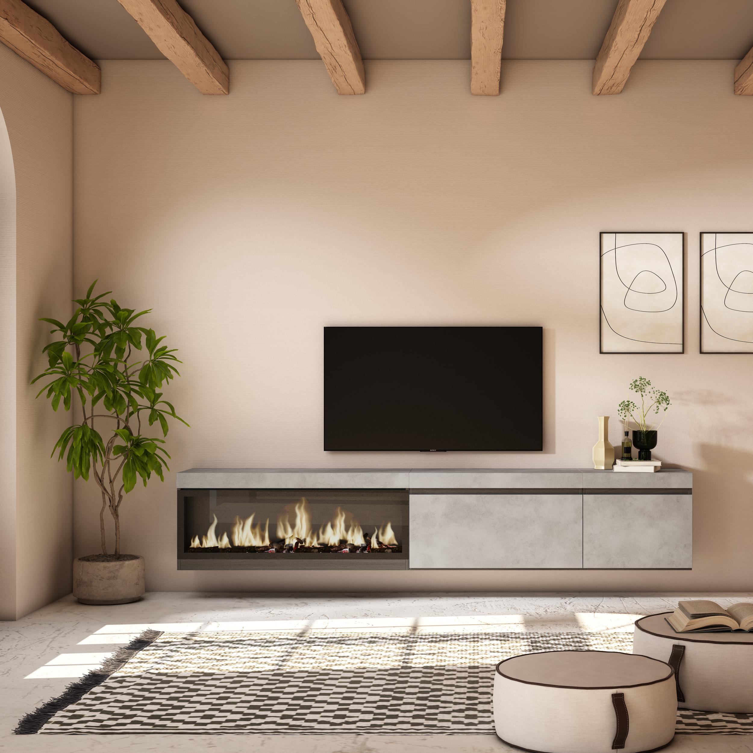 foto del prodotto mobile tv soggiorno, 237x35x45cm, tv di grande formato, camino elettrico xxl, da appendere, grigio cemento rf3587