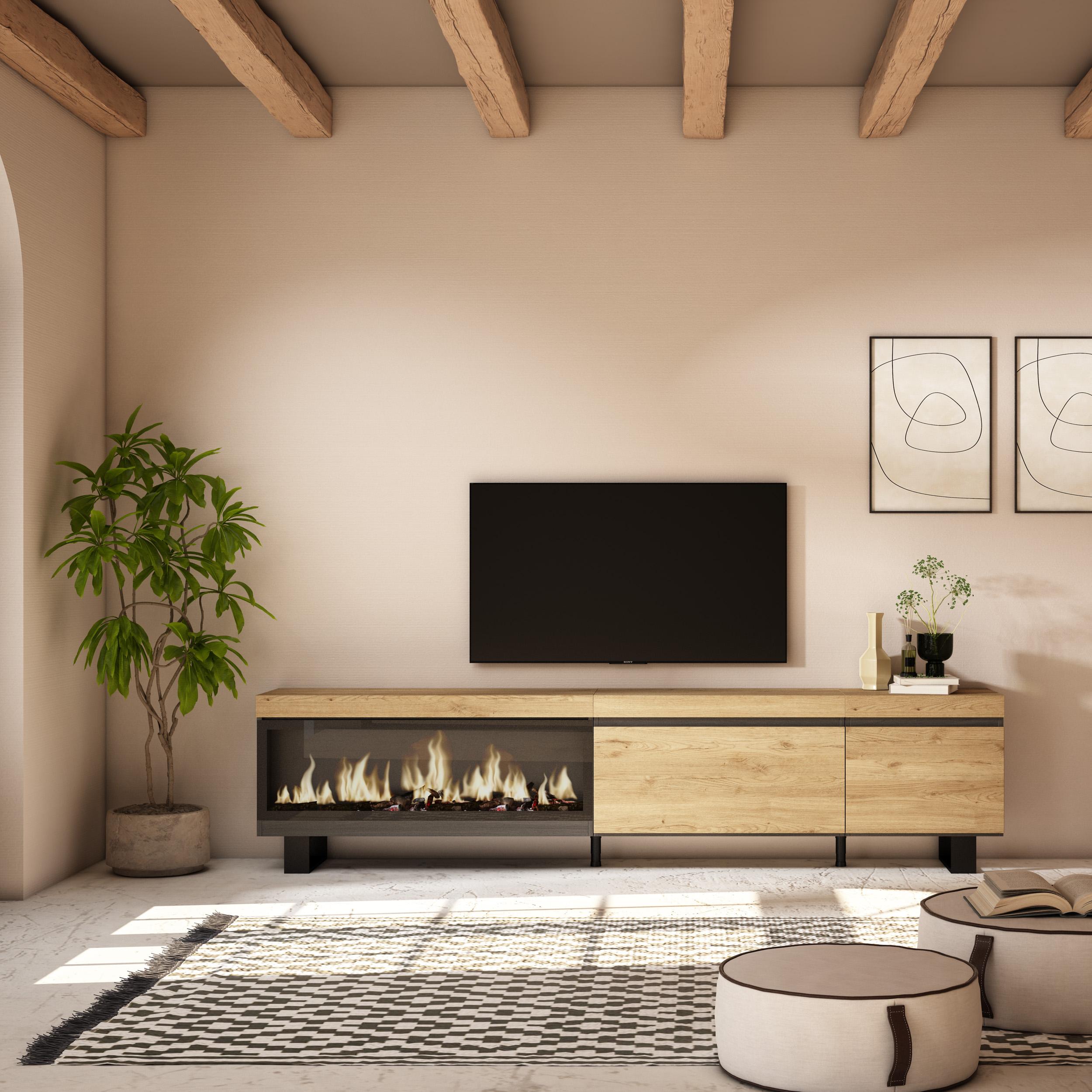 foto del prodotto mobile tv soggiorno, 237x35x57cm, tv di grande formato, camino elettrico xxl, design industriale, colore rovere rf3592
