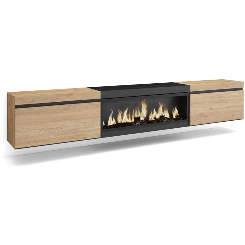 foto del prodotto mobile tv soggiorno, 267x35x45cm, tv di grande formato, camino elettrico xxl, da appendere, colore rovere e nero rf3604