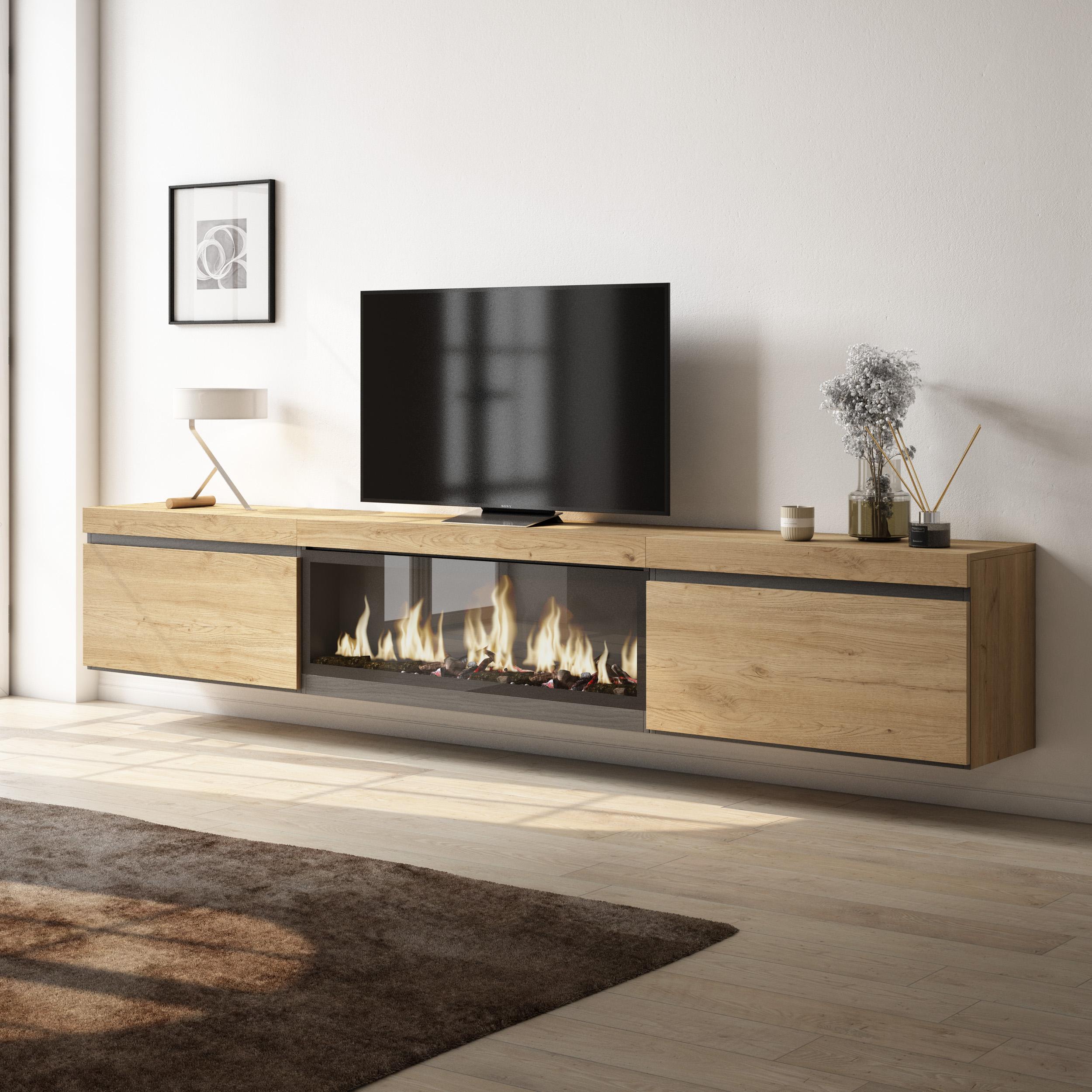 foto del prodotto mobile tv soggiorno, 267x35x45cm, tv di grande formato, camino elettrico xxl, da appendere, colore rovere rf3608