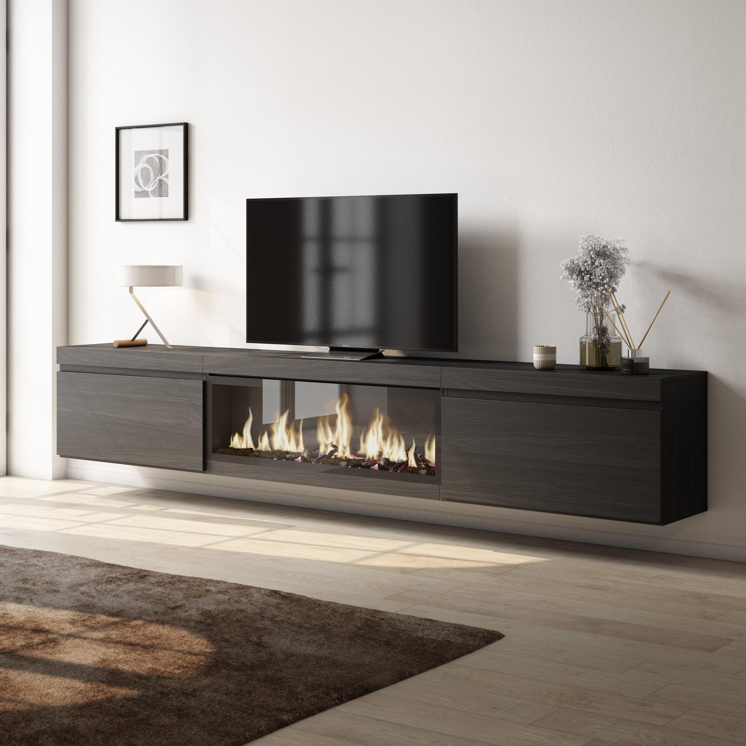 foto del prodotto mobile tv soggiorno, 267x35x45cm, tv di grande formato, camino elettrico xxl, da appendere, nero rf3602