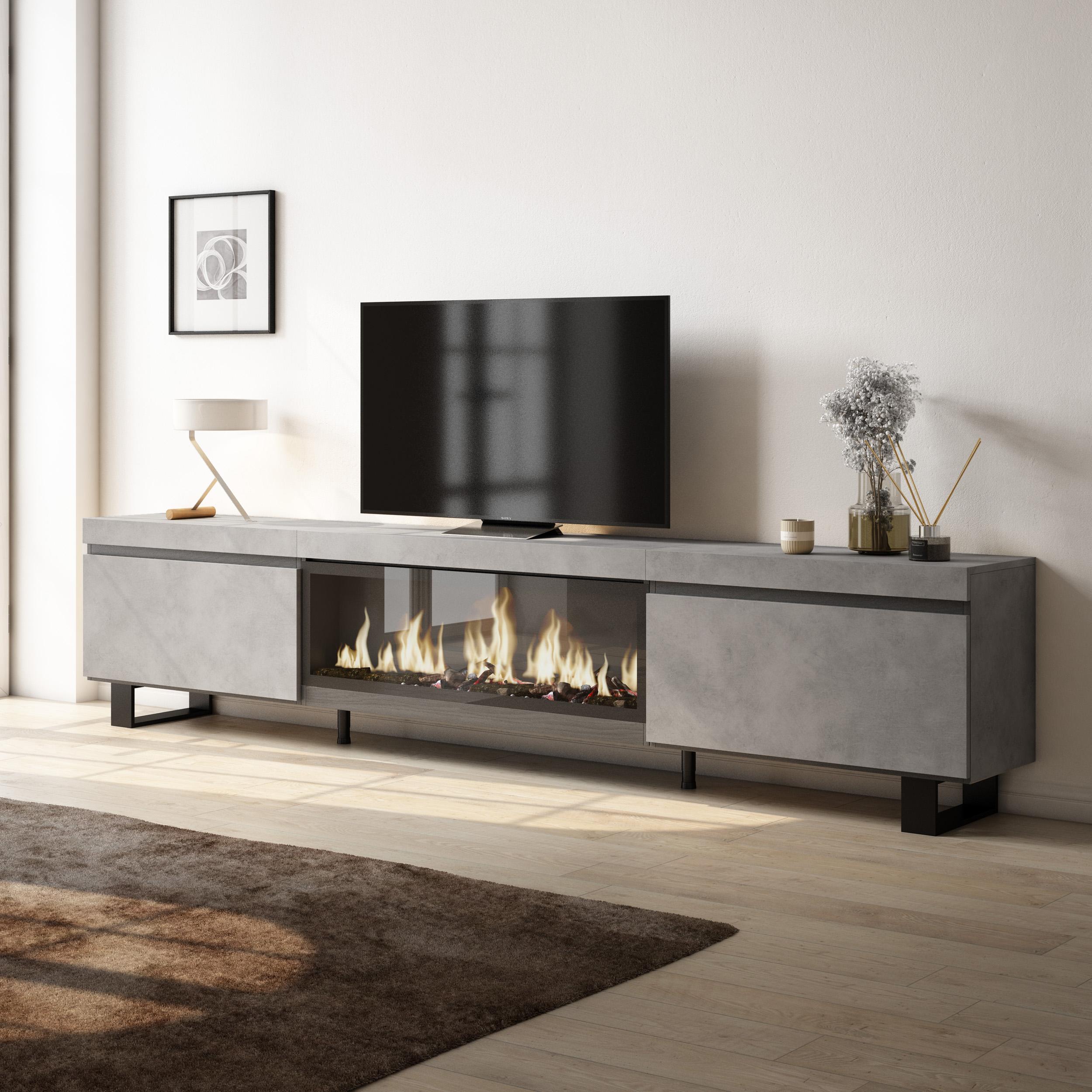 foto del prodotto mobile tv soggiorno, 267x35x57cm, tv di grande formato, camino elettrico xxl, design industriale, grigio cemento rf3605