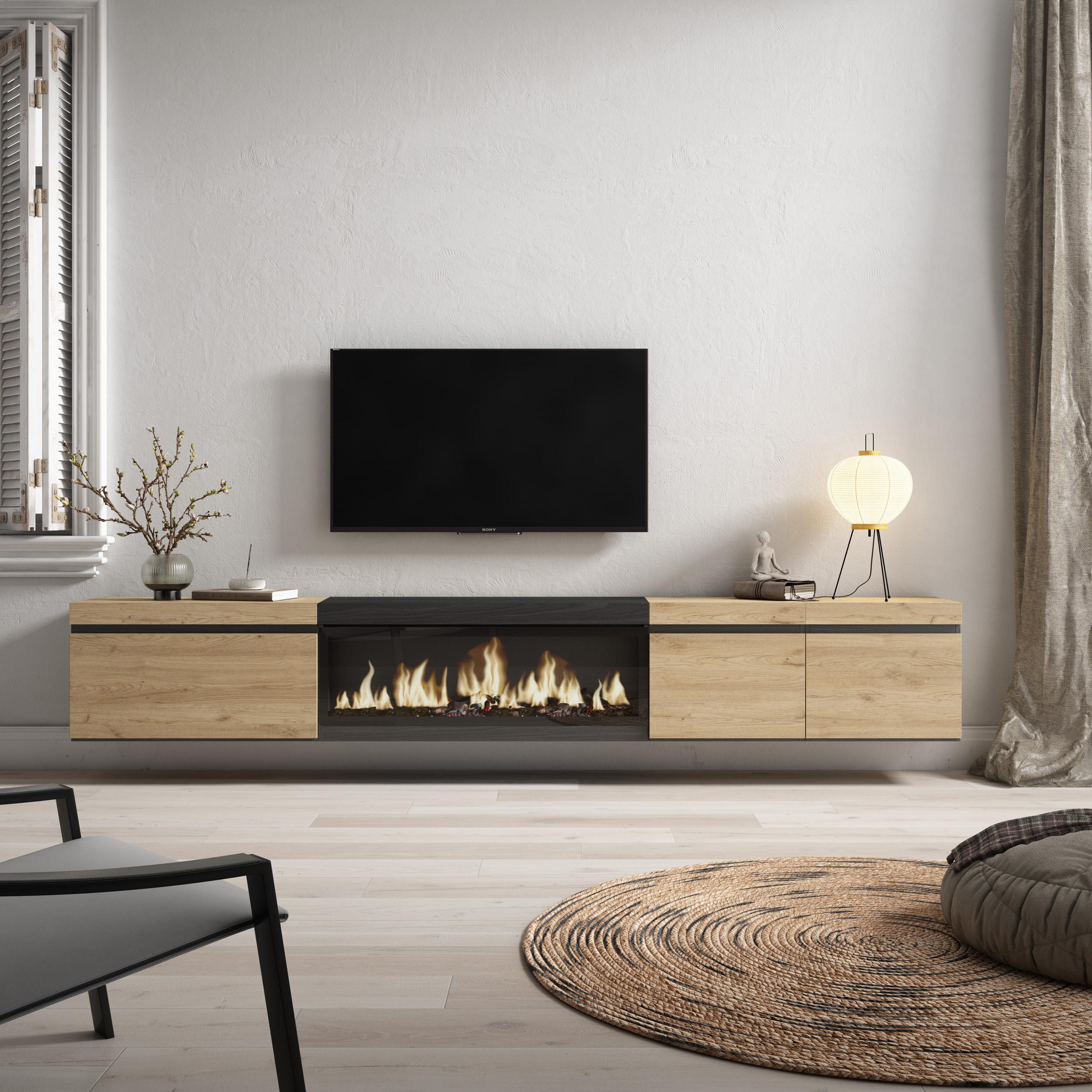 foto del prodotto mobile tv soggiorno, 288x35x45cm, tv di grande formato, camino elettrico xxl, da appendere, colore rovere e nero rf3613