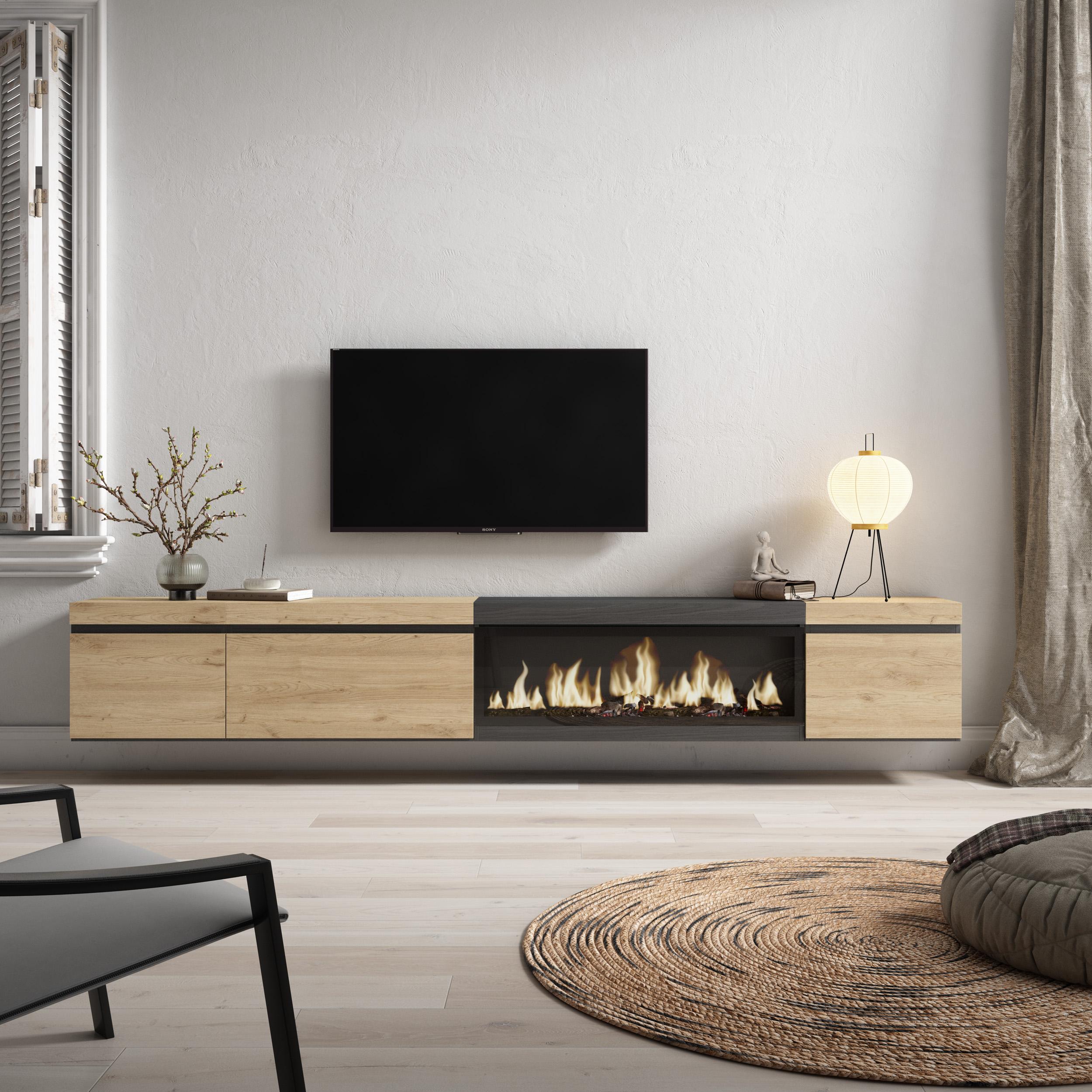 foto del prodotto mobile tv soggiorno, 288x35x45cm, tv di grande formato, camino elettrico xxl, da appendere, colore rovere e nero rf3615