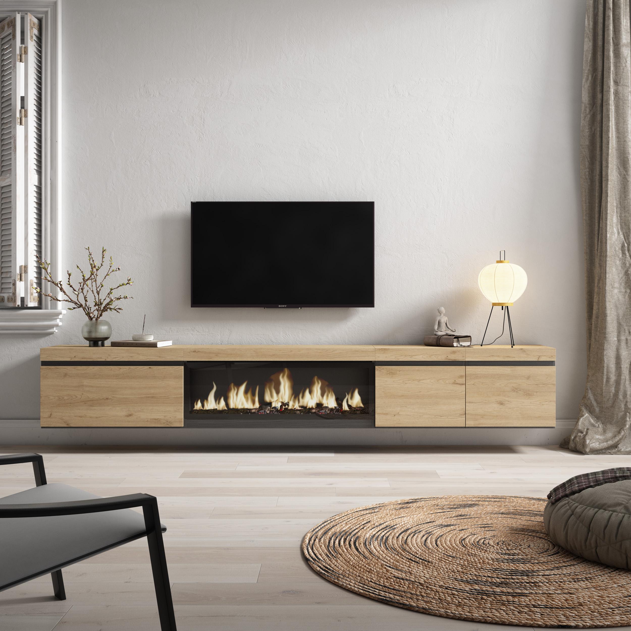 foto del prodotto mobile tv soggiorno, 288x35x45cm, tv di grande formato, camino elettrico xxl, da appendere, colore rovere rf3621
