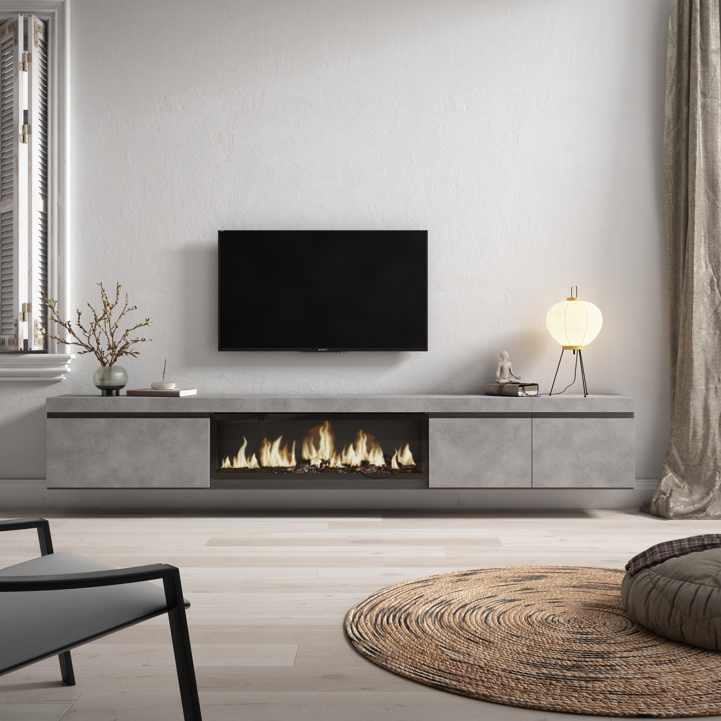 foto del prodotto mobile tv soggiorno, 288x35x45cm, tv di grande formato, camino elettrico xxl, da appendere, grigio cemento rf3617