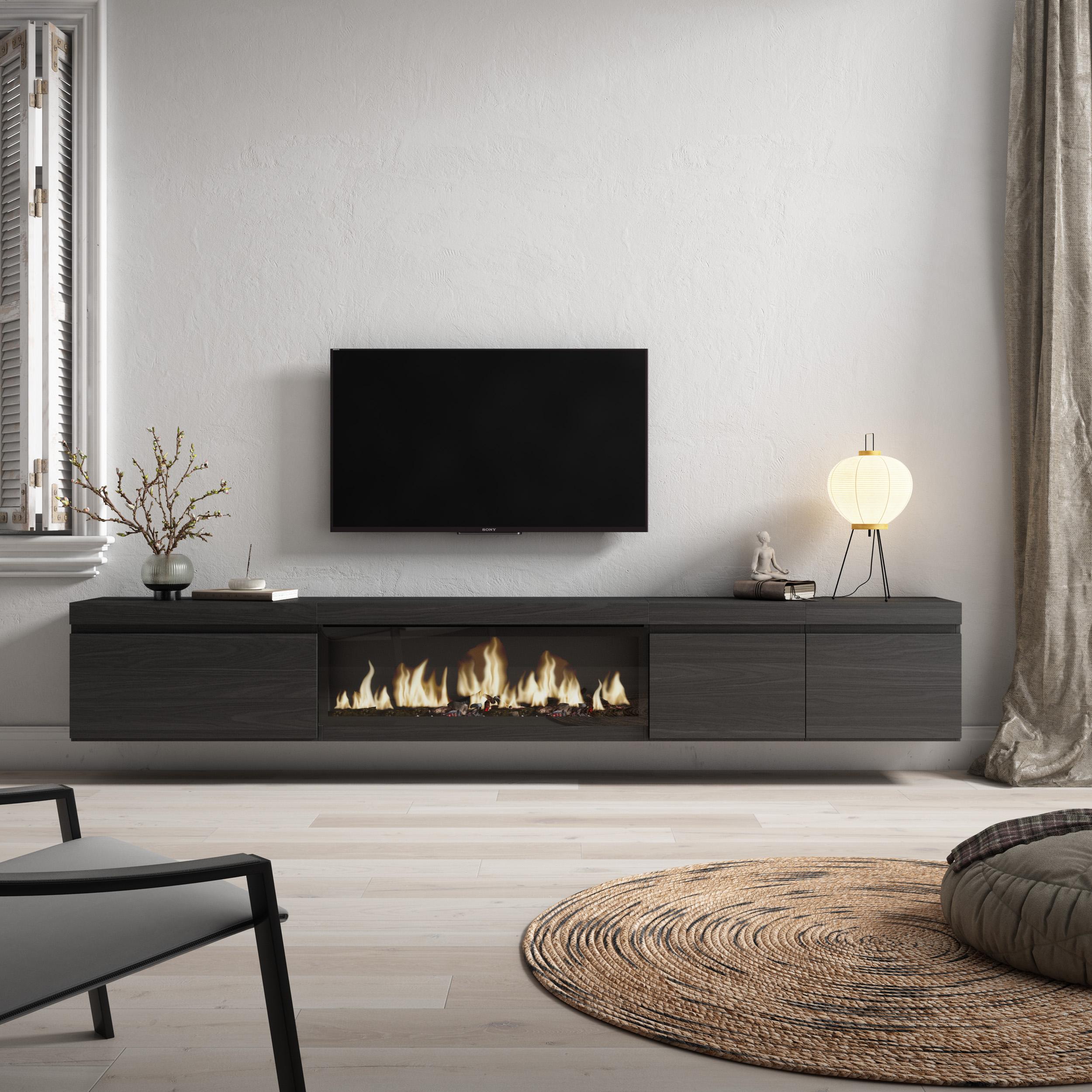 foto del prodotto mobile tv soggiorno, 288x35x45cm, tv di grande formato, camino elettrico xxl, da appendere, nero rf3609