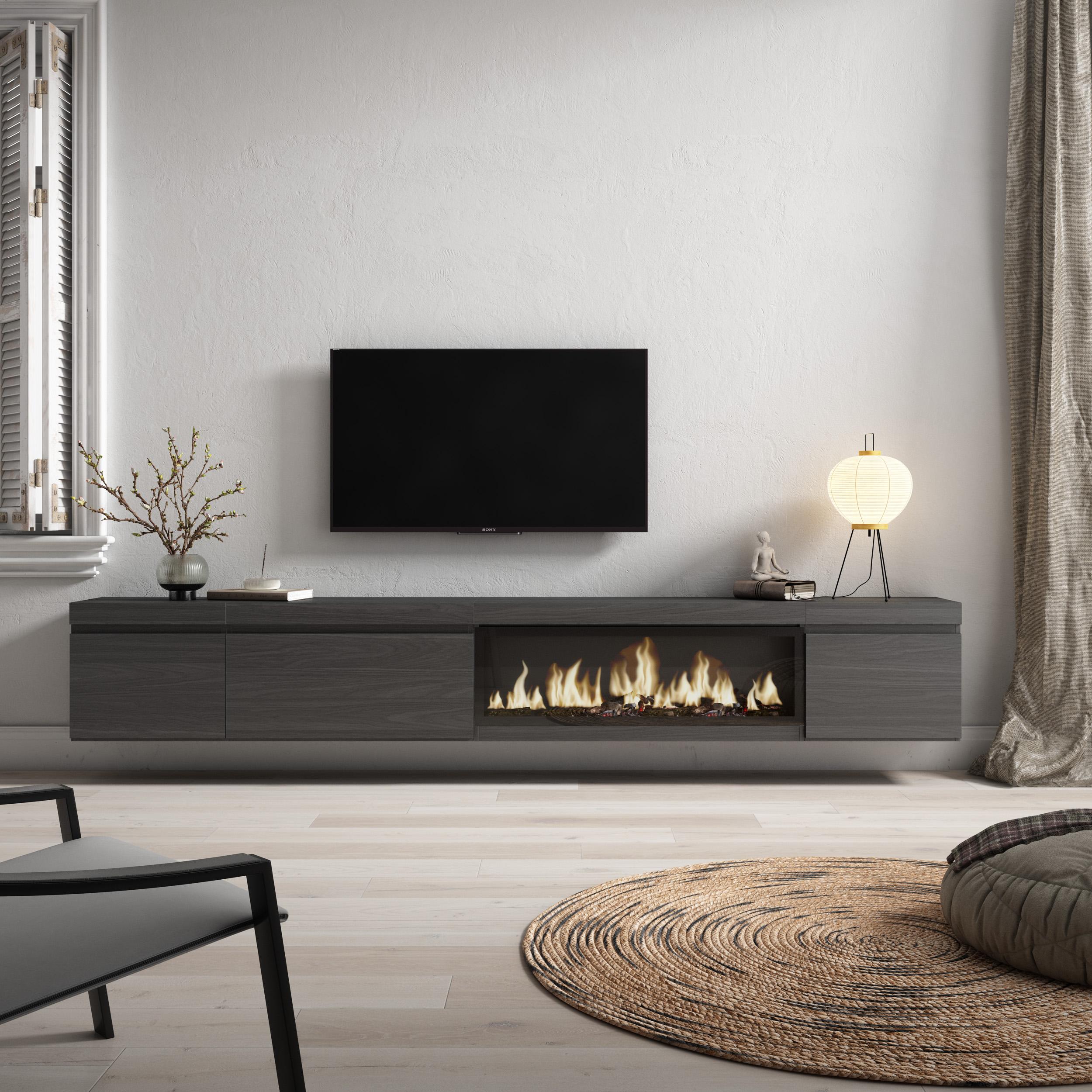 foto del prodotto mobile tv soggiorno, 288x35x45cm, tv di grande formato, camino elettrico xxl, da appendere, nero rf3611