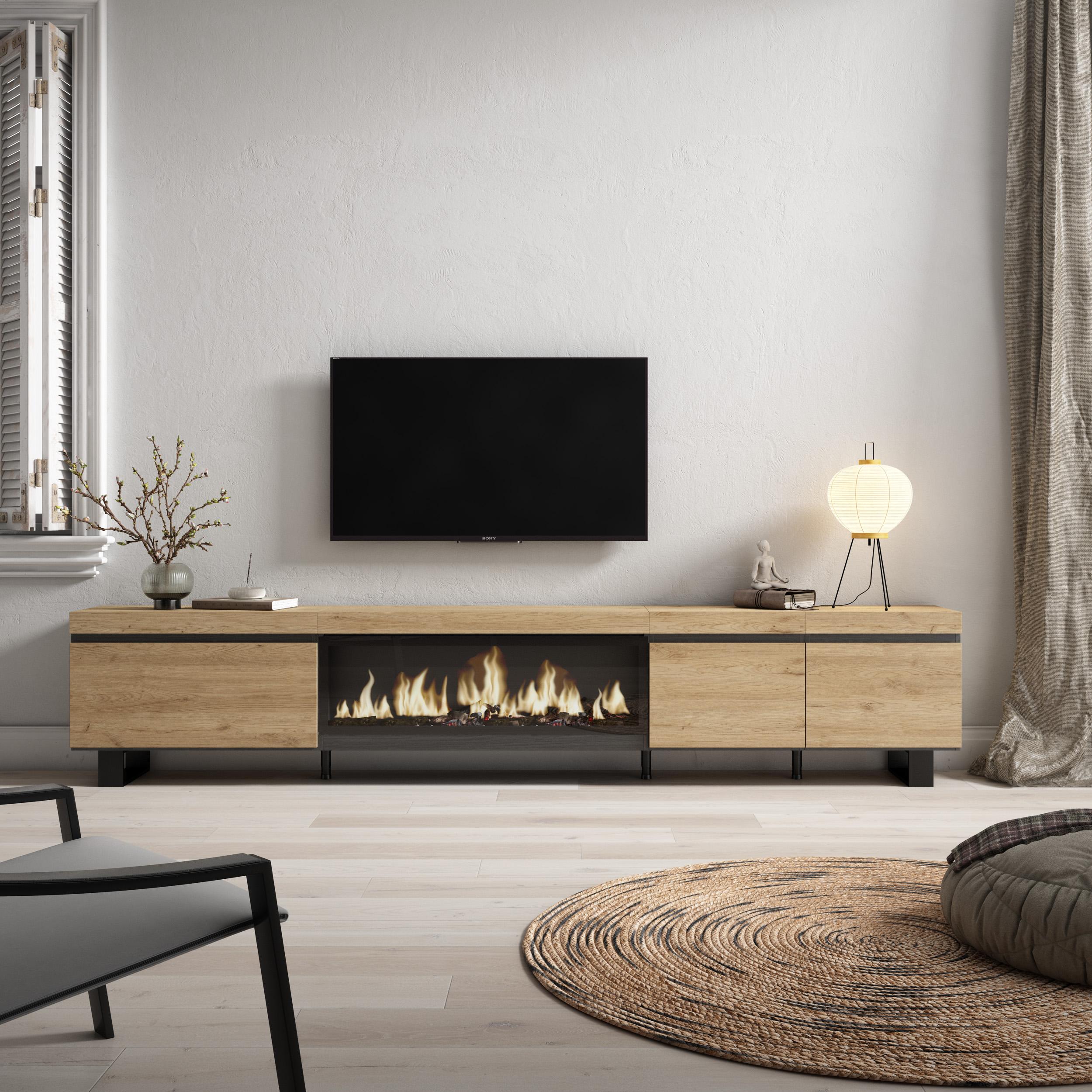foto del prodotto mobile tv soggiorno, 288x35x57cm, tv di grande formato, camino elettrico xxl, design industriale, colore rovere rf3622