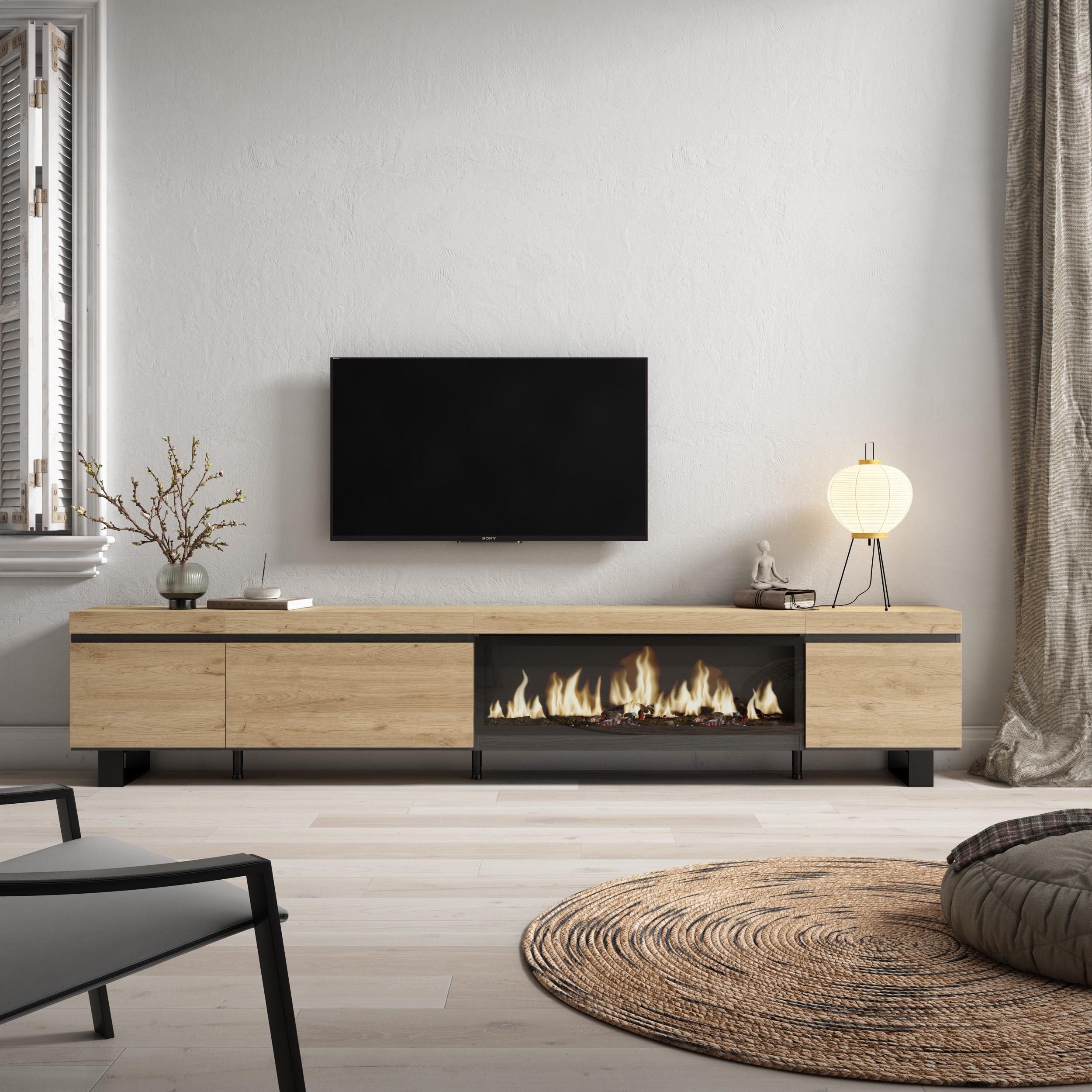 foto del prodotto mobile tv soggiorno, 288x35x57cm, tv di grande formato, camino elettrico xxl, design industriale, colore rovere rf3624