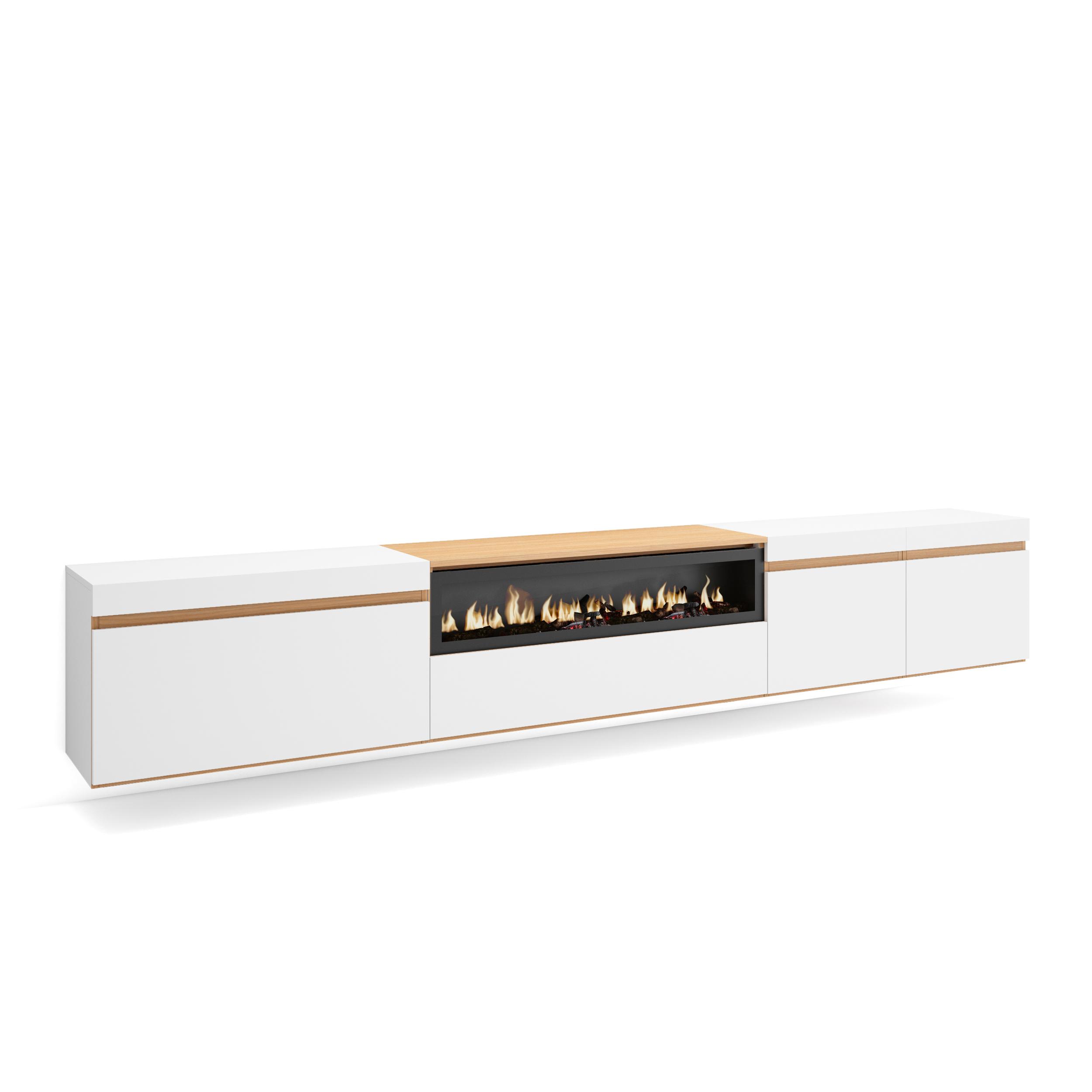 foto del prodotto mobile tv soggiorno, 288x45x35 cm, tv di grande formato, camino elettrico, sospeso, da appendere, bianco e rovere soft