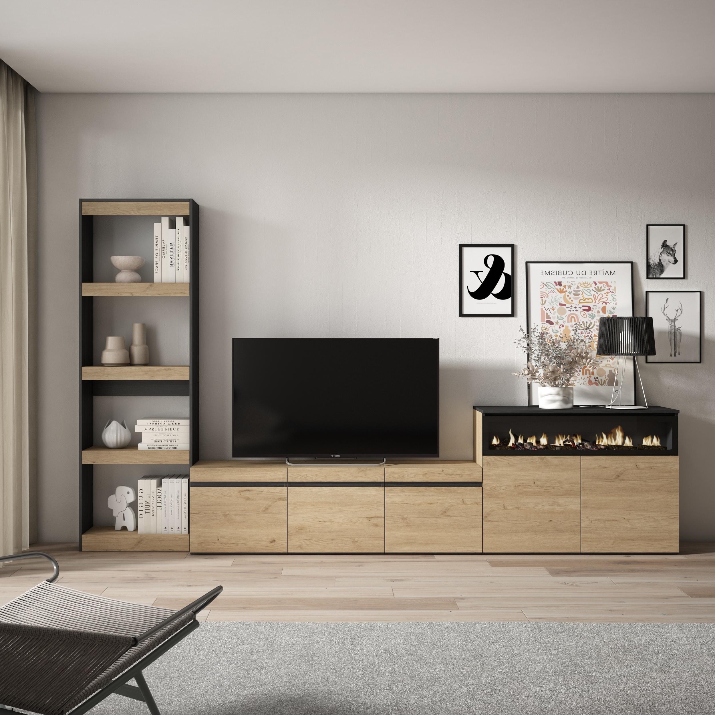 foto del prodotto mobile tv, soggiorno, 310x35x186cm, per tv fino a 65"", camino elettrico, colore rovere e nero rf3154