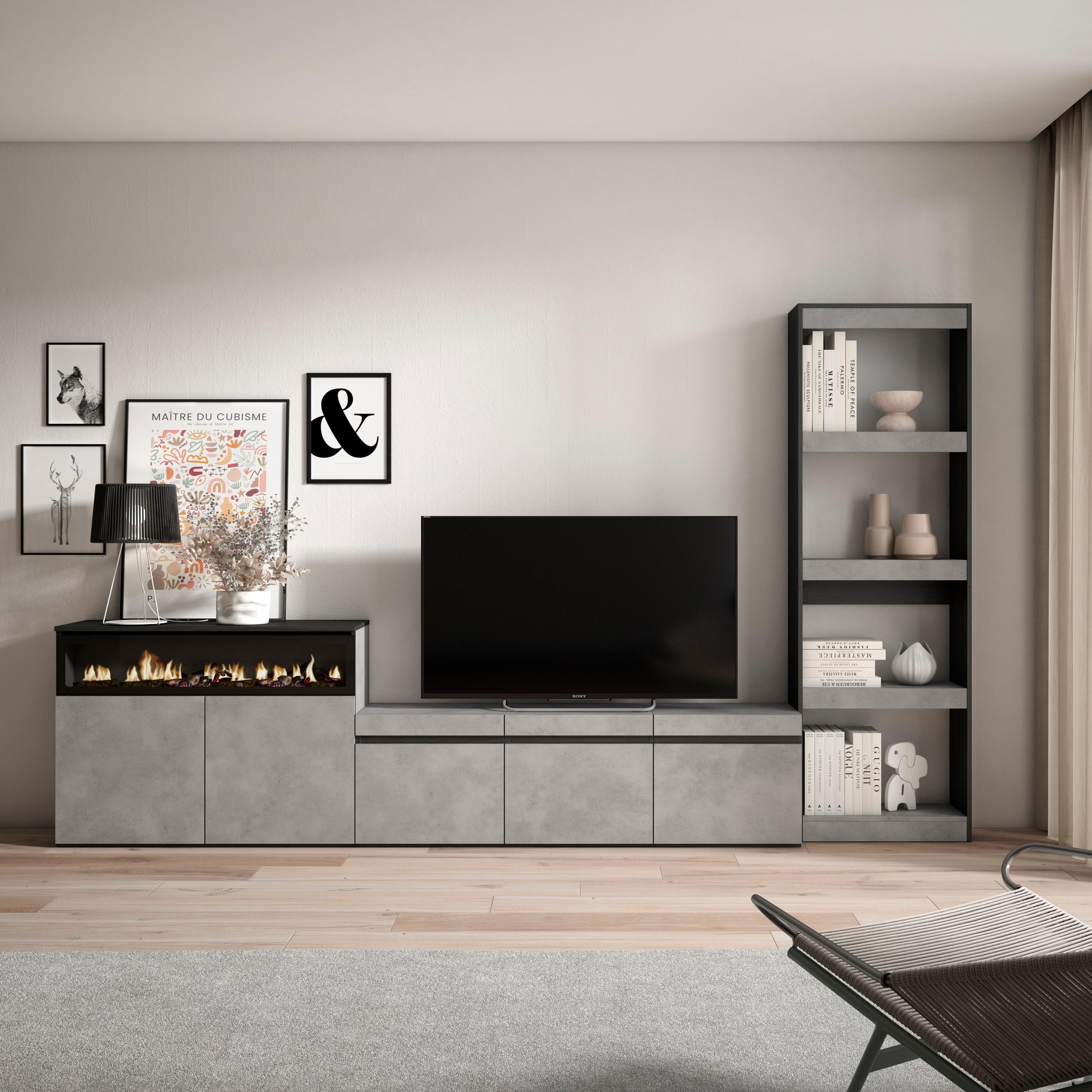 foto del prodotto mobile tv, soggiorno, 310x35x186cm, per tv fino a 65, camino elettrico, grigio cemento rf3167