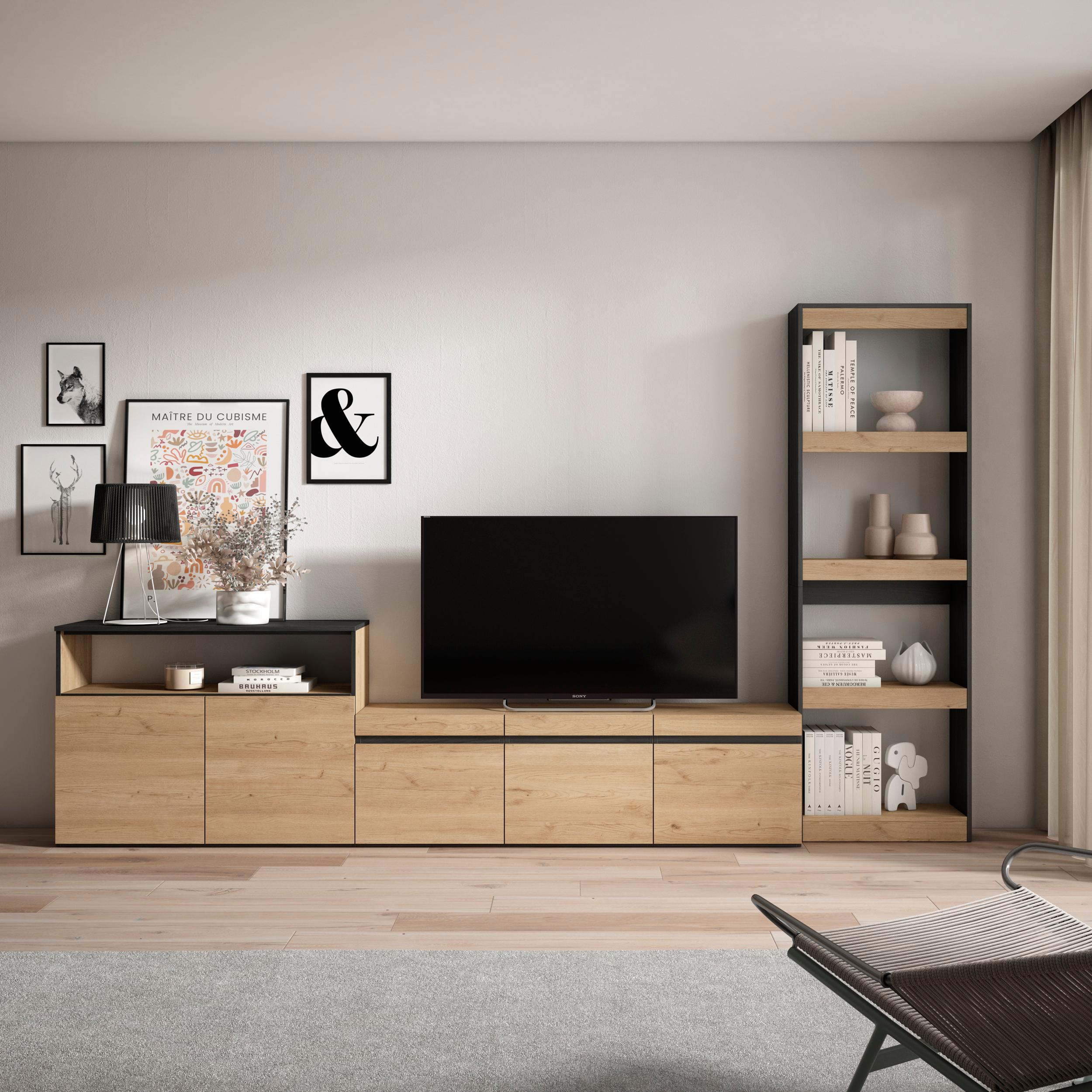 foto del prodotto mobile tv, soggiorno, 310x35x186cm, per tv fino a 65"", set di mobili, colore rovere e nero rf3151