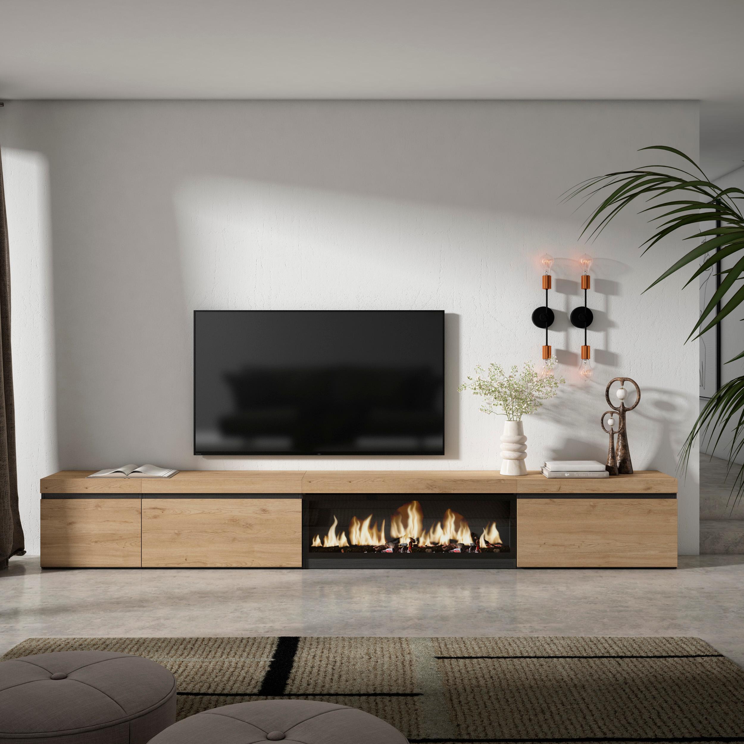 foto del prodotto mobile tv soggiorno, 317x35x45cm, camino elettrico xxl, colore rovere rf3676