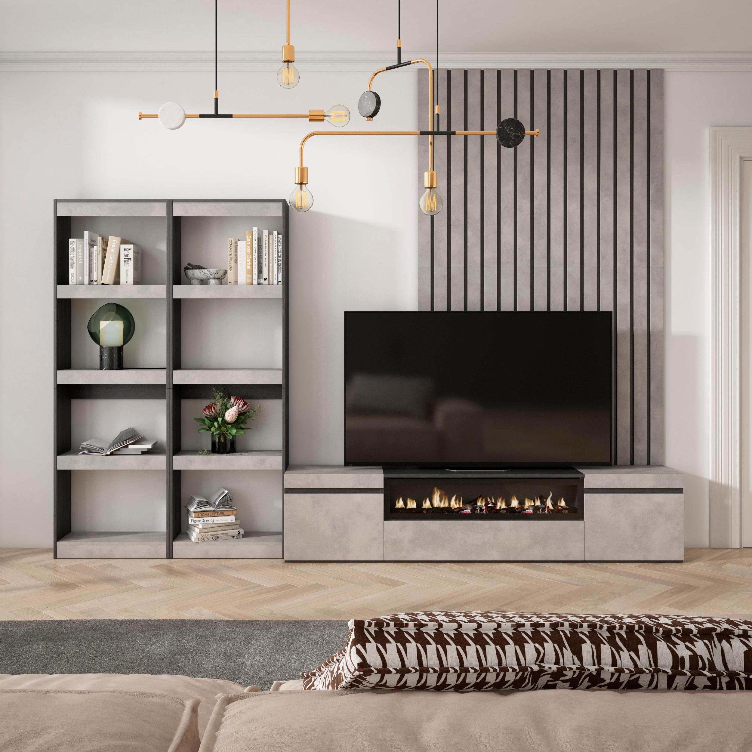 foto del prodotto mobile tv, soggiorno, 320x35x186cm, per tv fino a 80 quot , camino elettrico, grigio cemento rf3150