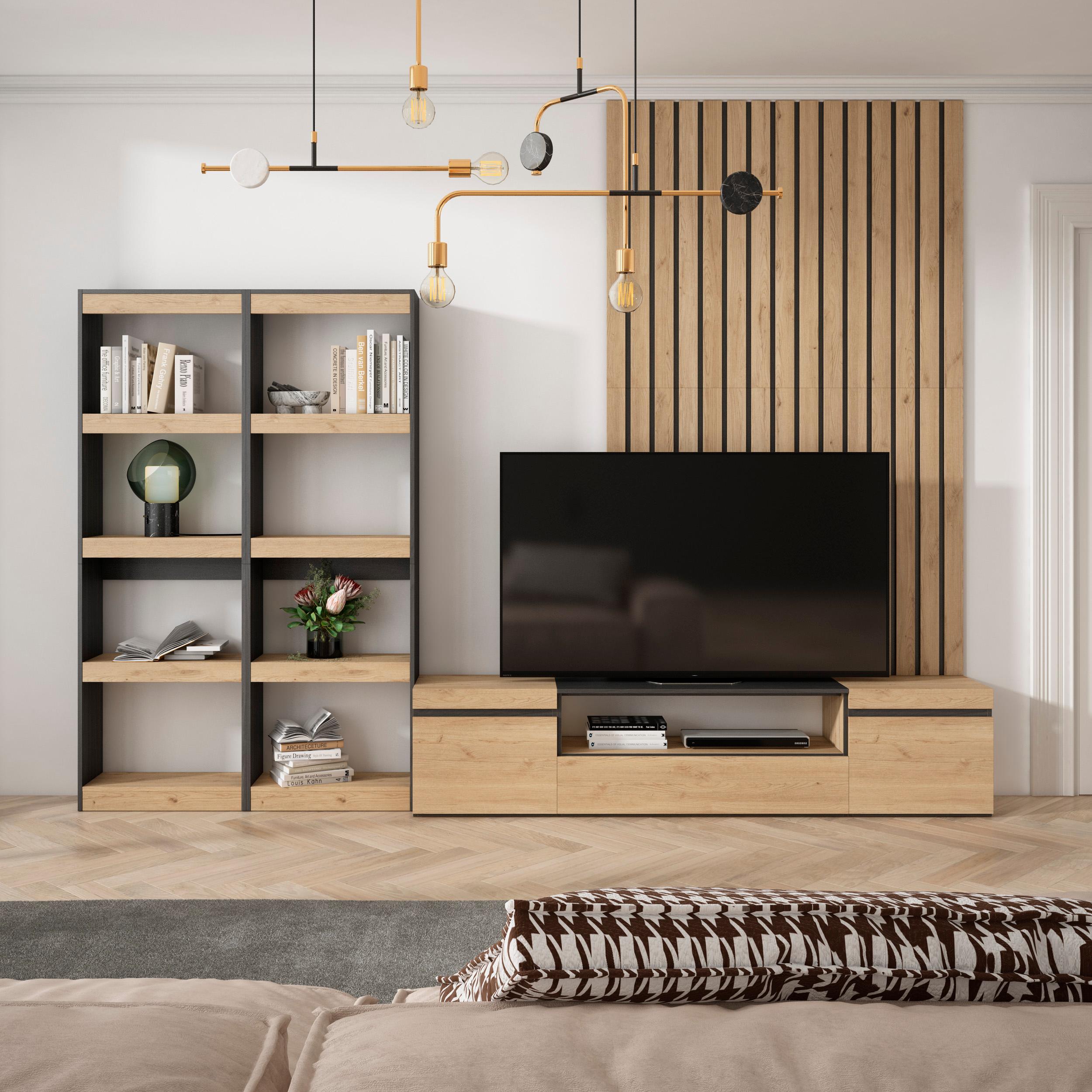foto del prodotto mobile tv, soggiorno, 320x35x186cm, per tv fino a 80"", set di mobili, colore rovere e nero rf2601