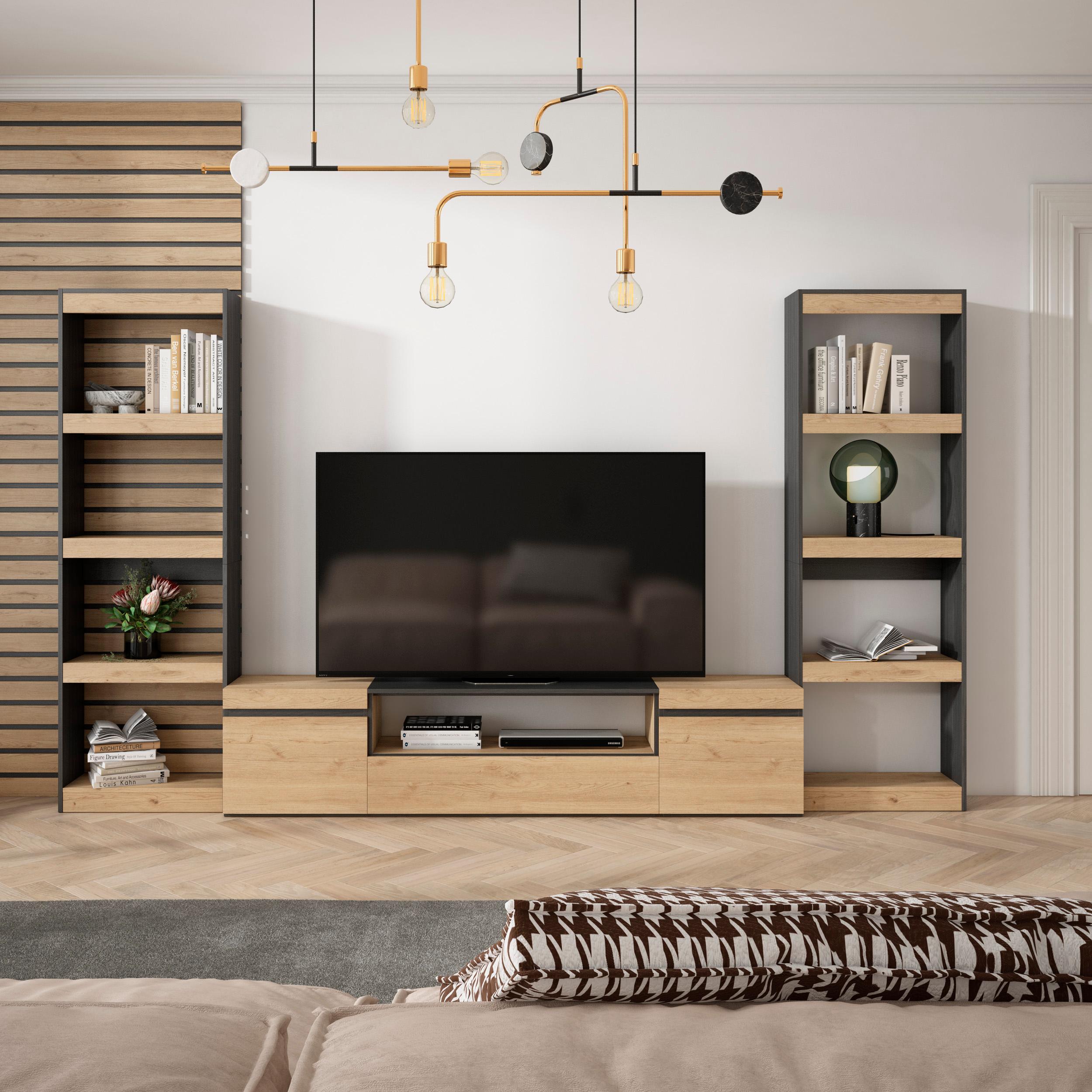 foto del prodotto mobile tv, soggiorno, 320x35x186cm, per tv fino a 80, set di mobili, colore rovere e nero rf2603