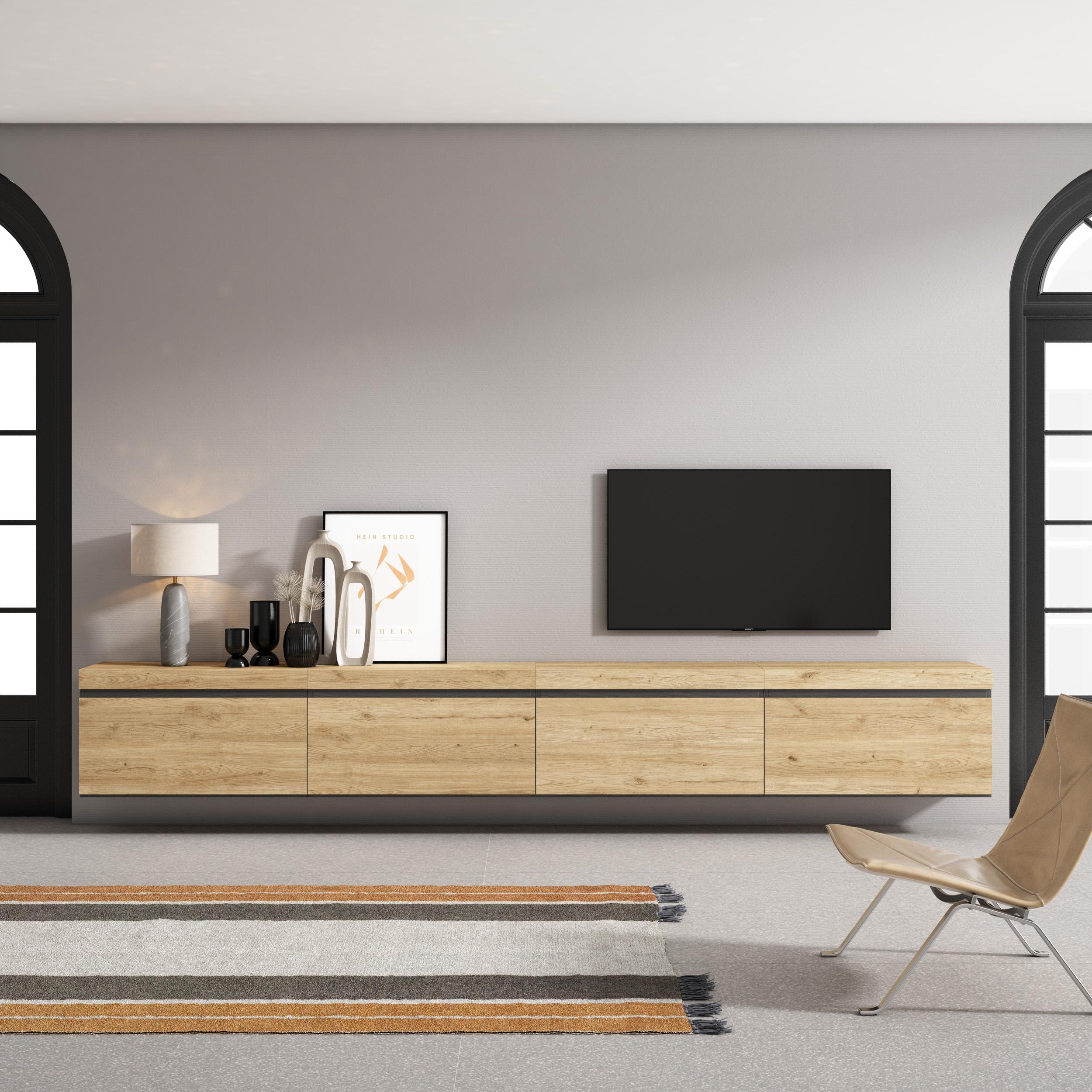 foto del prodotto mobile tv soggiorno, 320x35x45cm, tv di grande formato, da appendere, colore rovere rf3630