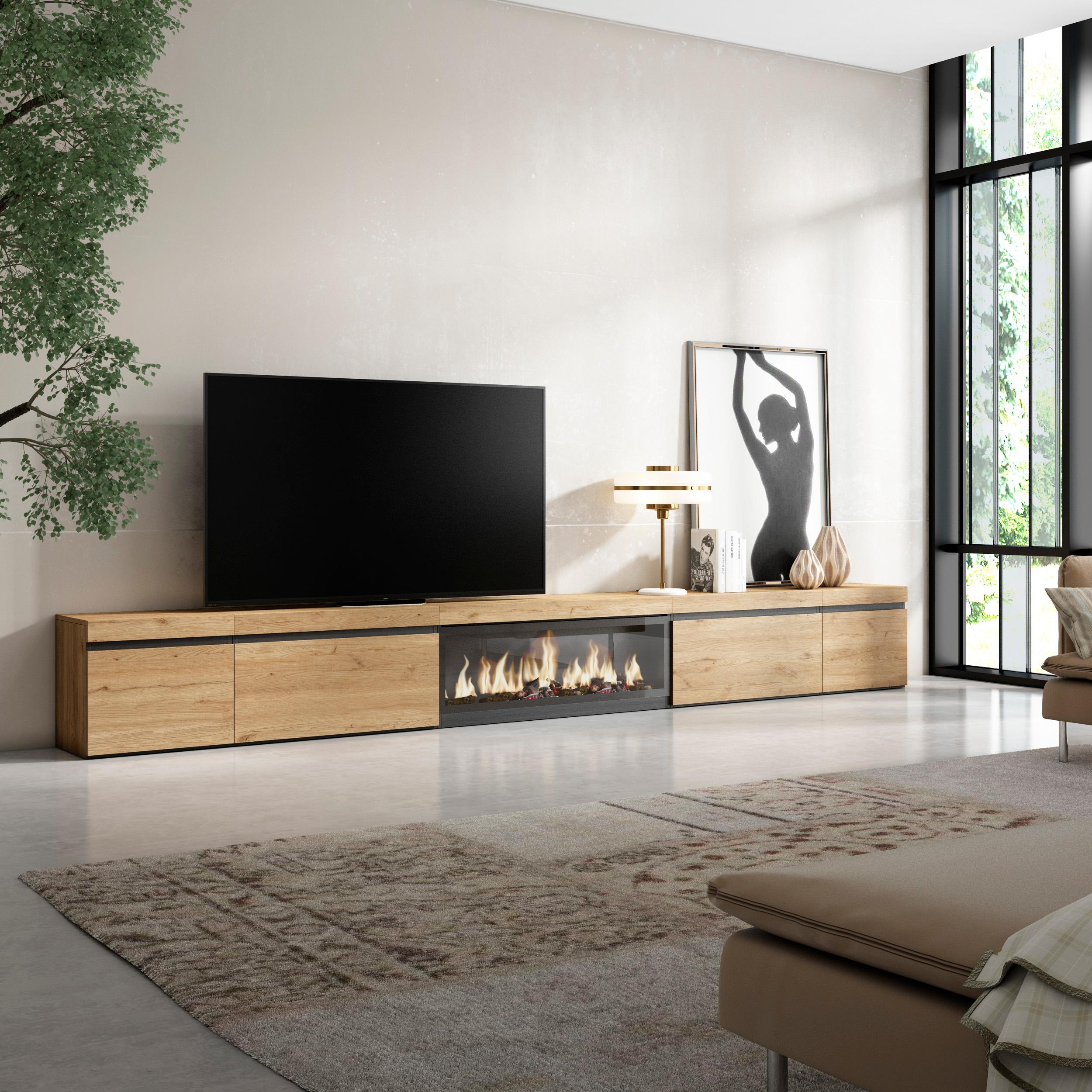 foto del prodotto mobile tv soggiorno, 368x35x45, camino elettrico xxl, colore rovere rf3692