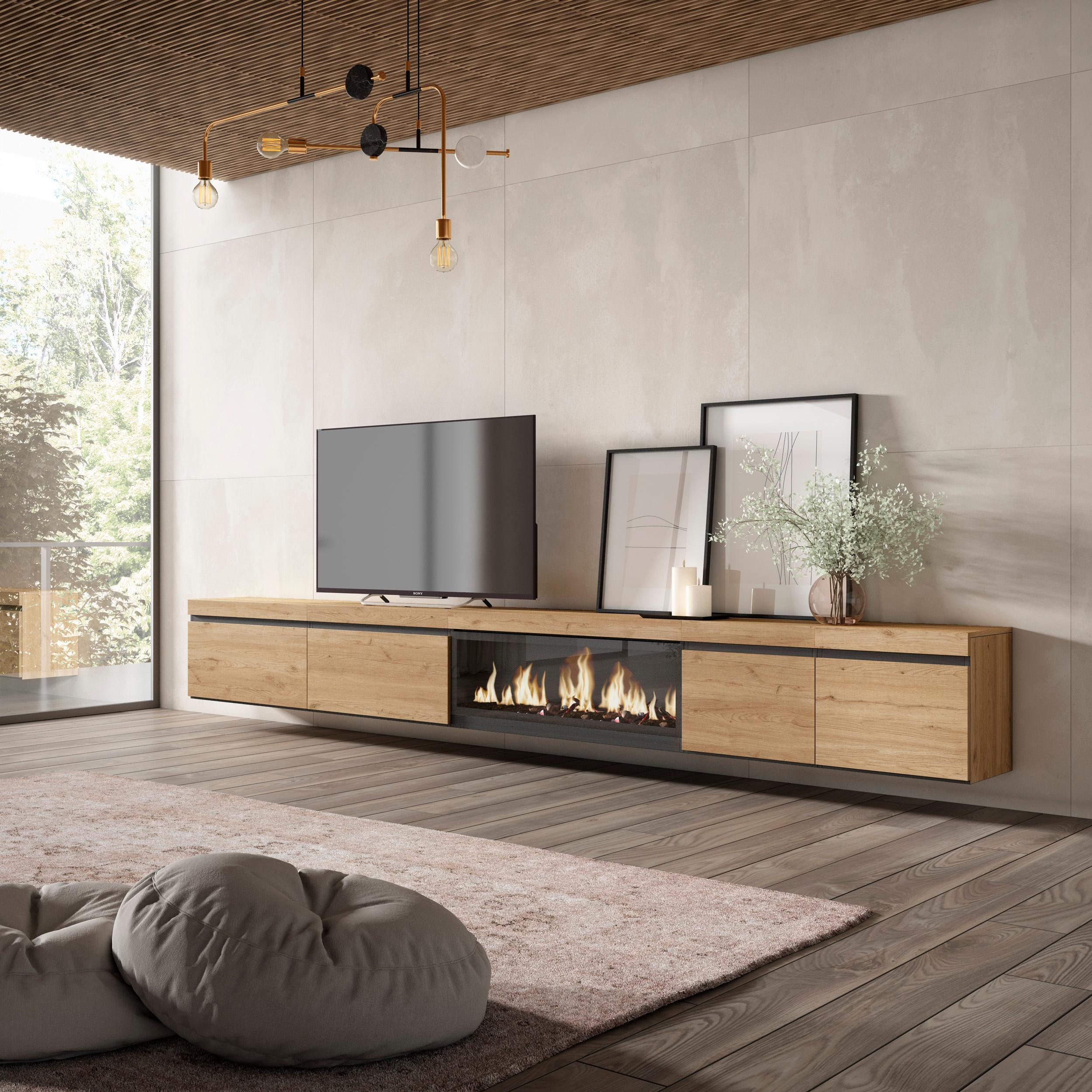 foto del prodotto mobile tv soggiorno, 368x35x45, camino elettrico xxl, da appendere, colore rovere rf3691