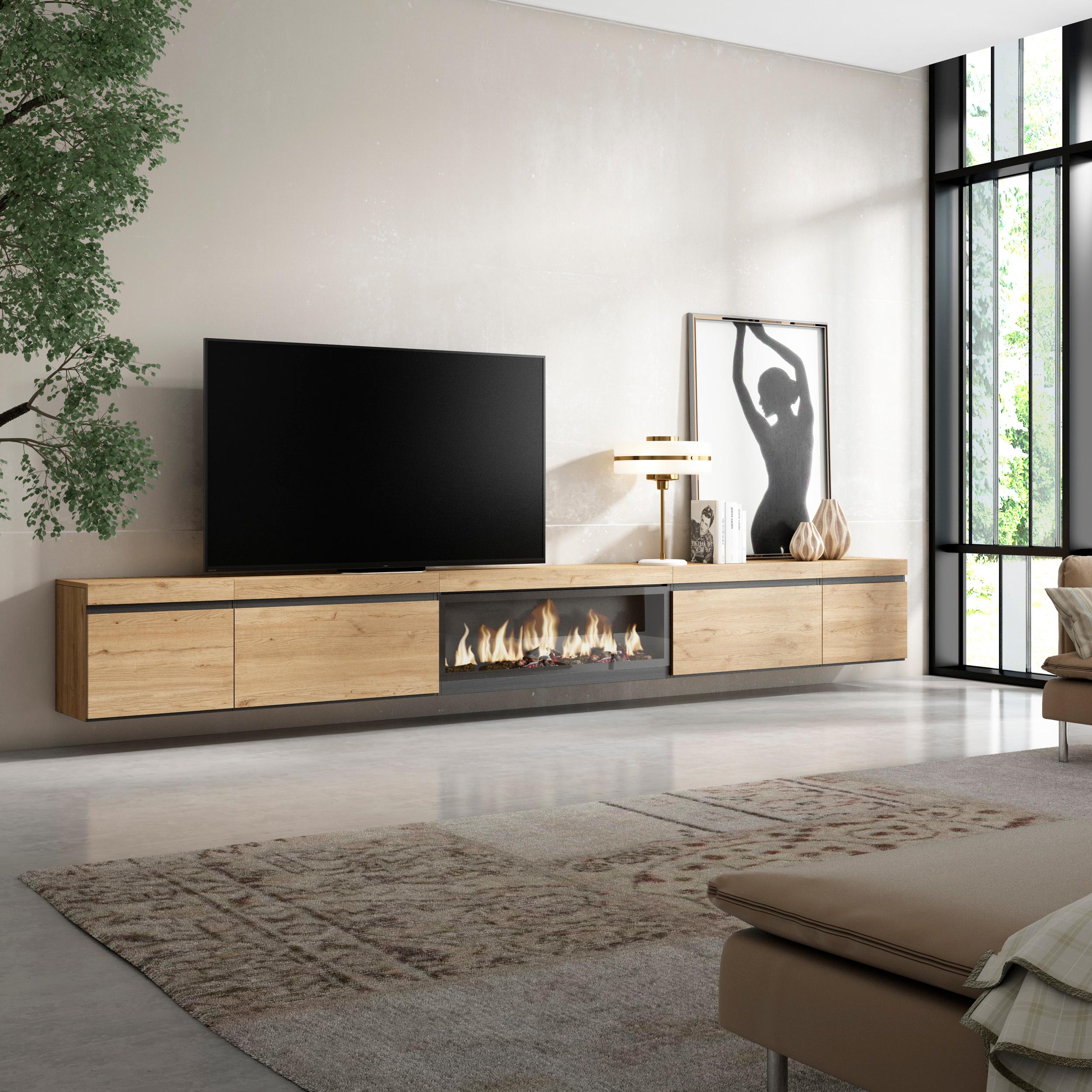 foto del prodotto mobile tv soggiorno, 368x35x45, camino elettrico xxl, da appendere, colore rovere rf3693