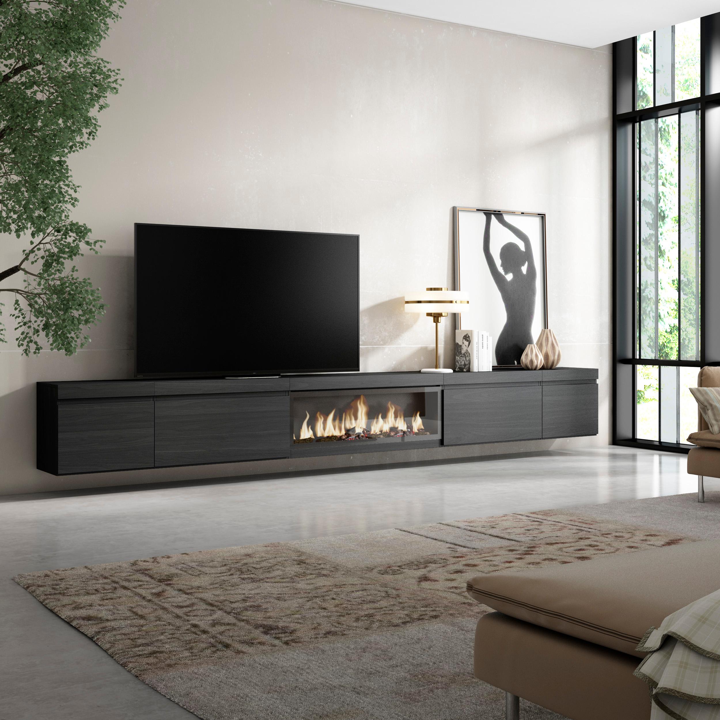 foto del prodotto mobile tv soggiorno, 368x35x45, camino elettrico xxl, da appendere, nero rf3685