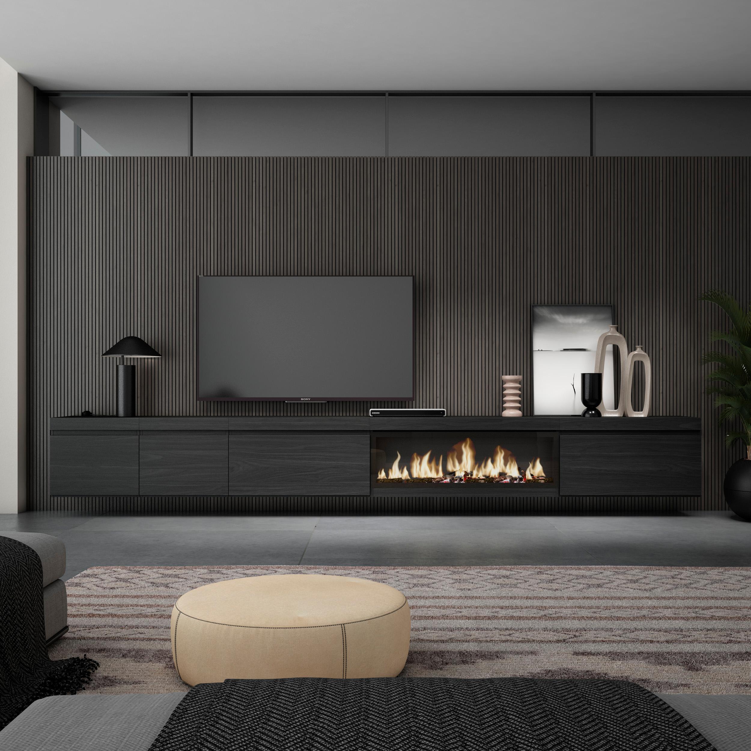 foto del prodotto mobile tv soggiorno, 368x35x45, camino elettrico xxl, da appendere, nero rf3687
