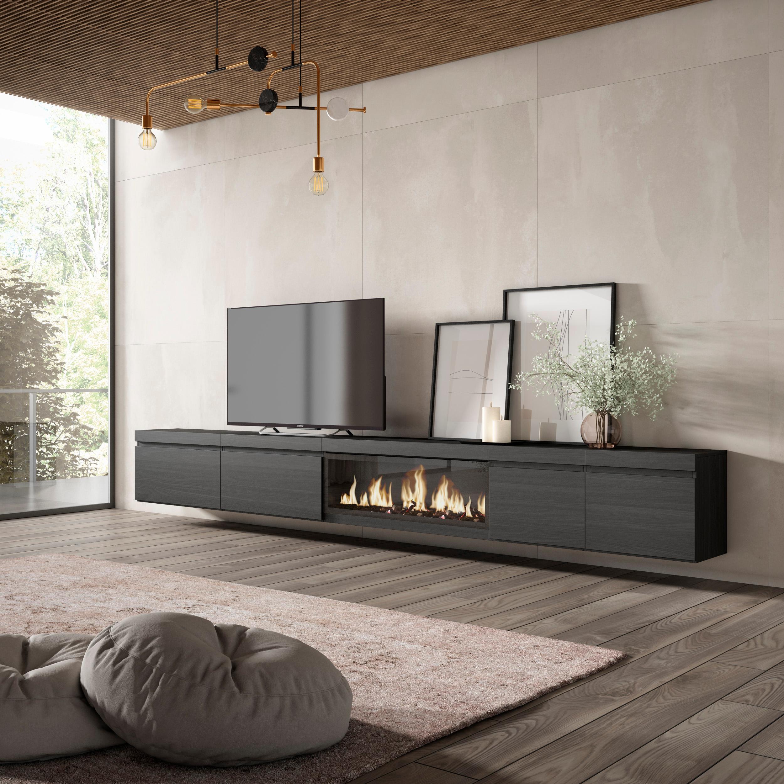 foto del prodotto mobile tv soggiorno, 368x35x45, camino elettrico xxl, da appendere, nero rf3689