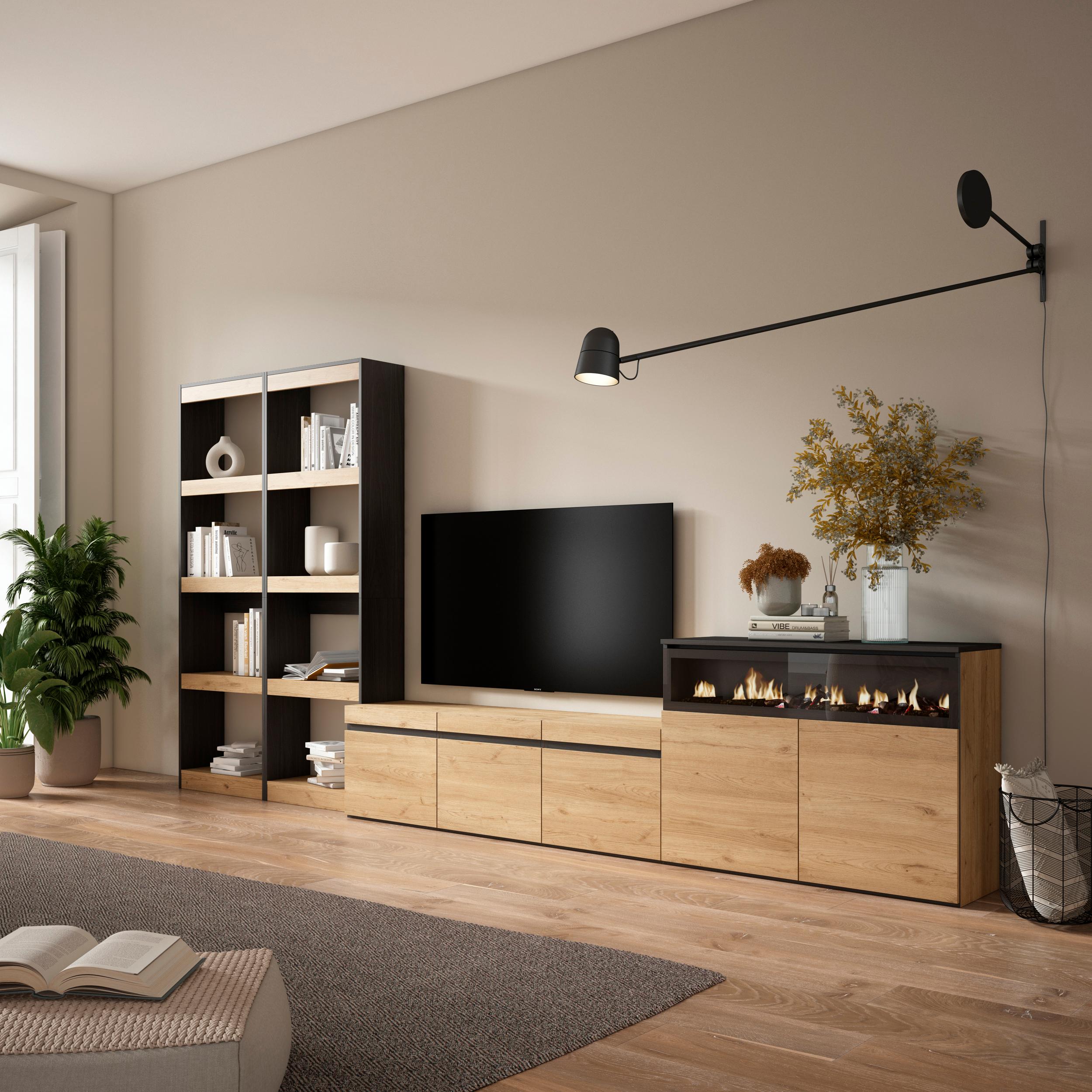 foto del prodotto mobile tv, soggiorno, 370x35x186cm, per tv fino a 65, camino elettrico, colore rovere e nero rf3183
