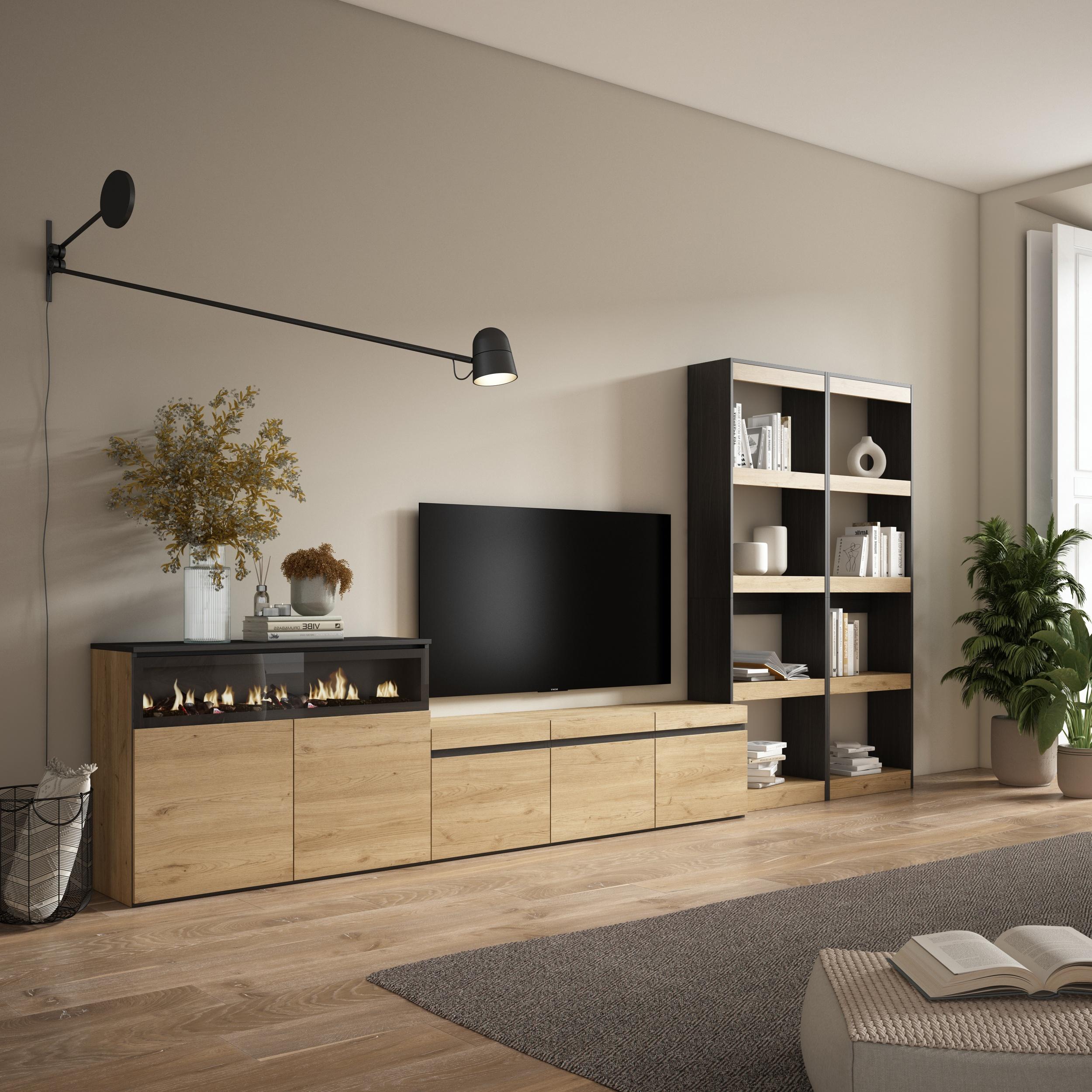 foto del prodotto mobile tv, soggiorno, 370x35x186cm, per tv fino a 65"", camino elettrico, colore rovere e nero rf3184