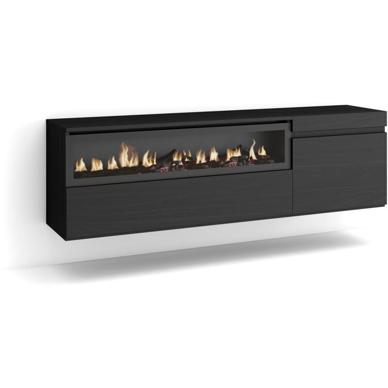 foto del prodotto mobile tv soggiorno, ampio spazio a disposizione, 150x45x35cm, per tv fino a 65 , camino elettrico, sospeso, da appendere, stile moderno, nero