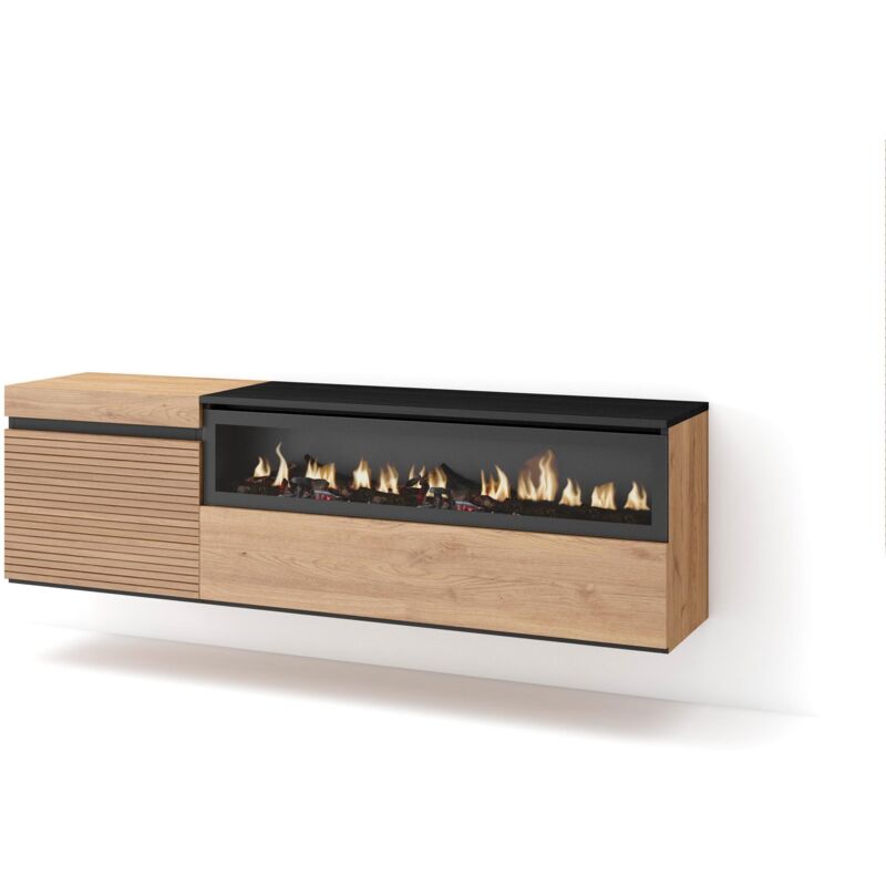 foto del prodotto mobile tv soggiorno, ampio spazio a disposizione, 150x45x35cm, per tv fino a 65 , camino elettrico, sospeso, da appendere, stile moderno, rovere