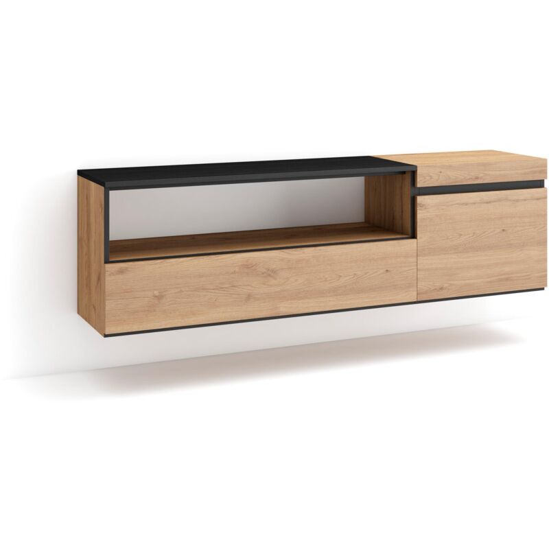 foto del prodotto mobile tv soggiorno, ampio spazio a disposizione, 150x45x35cm, per tv fino a 65 , sospeso, da appendere, stile moderno, rovere e nero skraut home