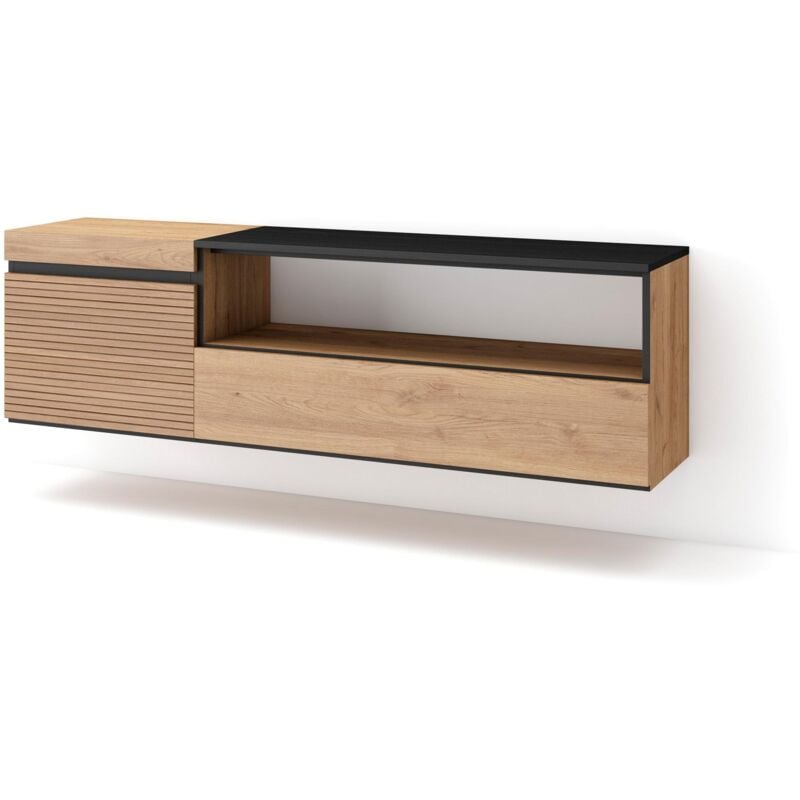 foto del prodotto mobile tv soggiorno, ampio spazio a disposizione, 150x45x35cm, per tv fino a 65 , sospeso, da appendere, stile moderno, rovere skraut home