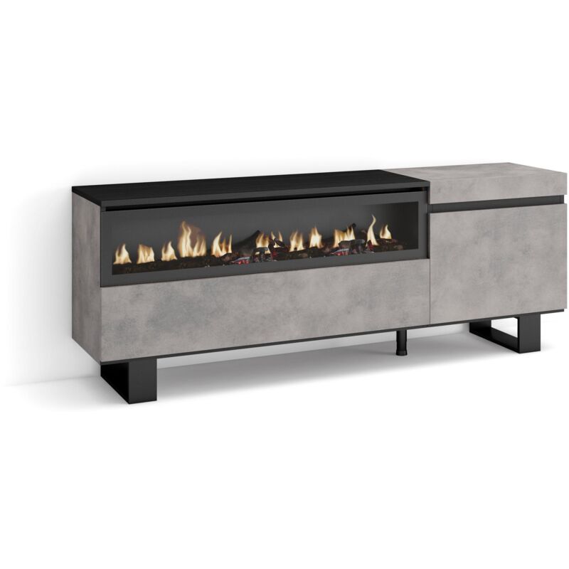 foto del prodotto mobile tv soggiorno, ampio spazio a disposizione, 150x57x35cm, per tv fino a 65 , camino elettrico, design industriale, stile moderno, grigio cemento