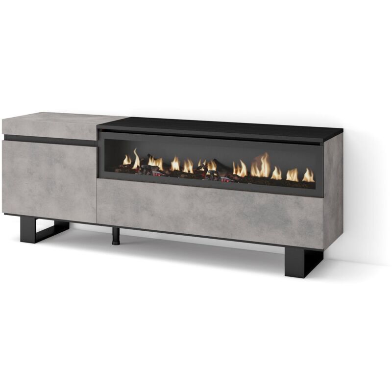 foto del prodotto mobile tv soggiorno, ampio spazio a disposizione, 150x57x35cm, per tv fino a 65 , camino elettrico, design industriale, stile moderno, grigio cemento