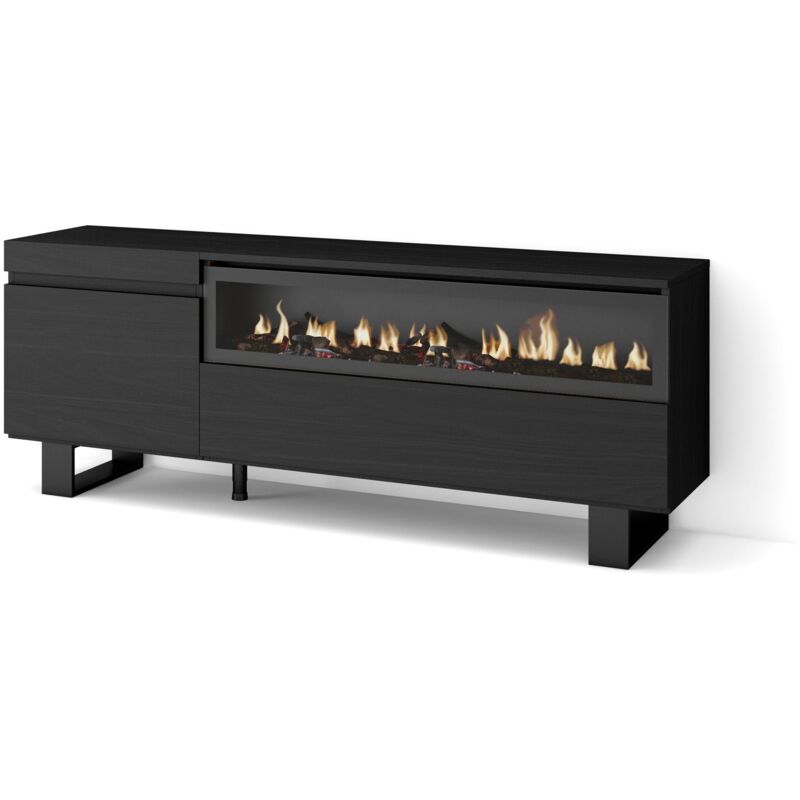 foto del prodotto mobile tv soggiorno, ampio spazio a disposizione, 150x57x35cm, per tv fino a 65 , camino elettrico, design industriale, stile moderno, nero skraut