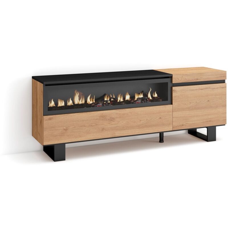foto del prodotto mobile tv soggiorno, ampio spazio a disposizione, 150x57x35cm, per tv fino a 65 , camino elettrico, design industriale, stile moderno, rovere e nero