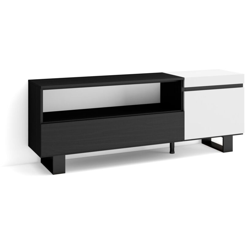 foto del prodotto mobile tv soggiorno, ampio spazio a disposizione, 150x57x35cm, per tv fino a 65 , design industriale, stile moderno, bianco e nero skraut home